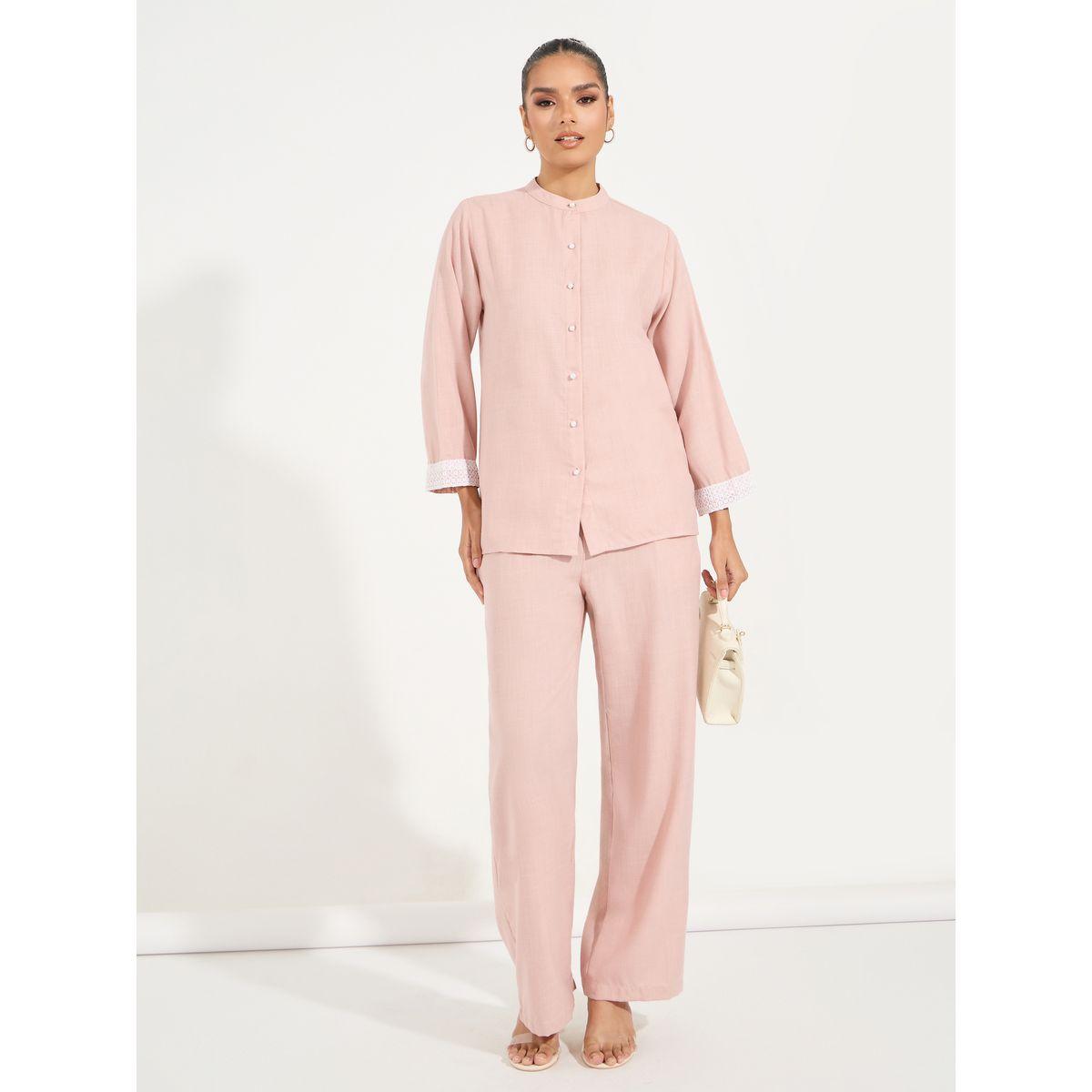 Styli Mandarin Collar Shirt & Straight Pants Modest Set-women-arabicclothing-sets-image-2