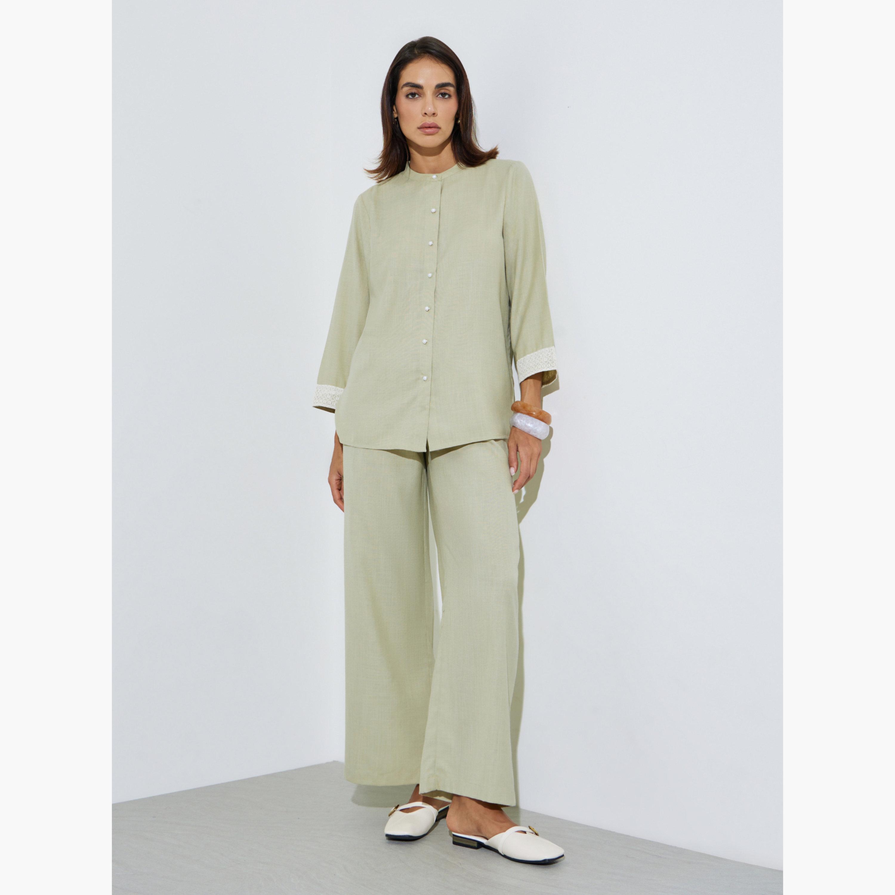 Amirah X Styli Green Mandarin Collar Shirt and Straight Pants Modest Set-women-arabicclothing-sets-image-1