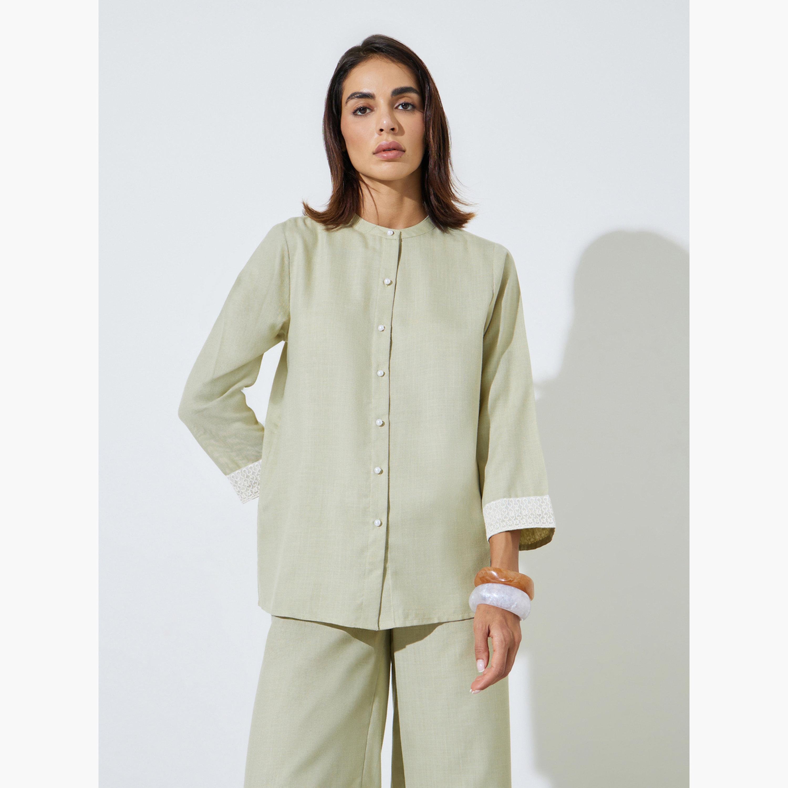 Amirah X Styli Green Mandarin Collar Shirt and Straight Pants Modest Set-women-arabicclothing-sets-image-2