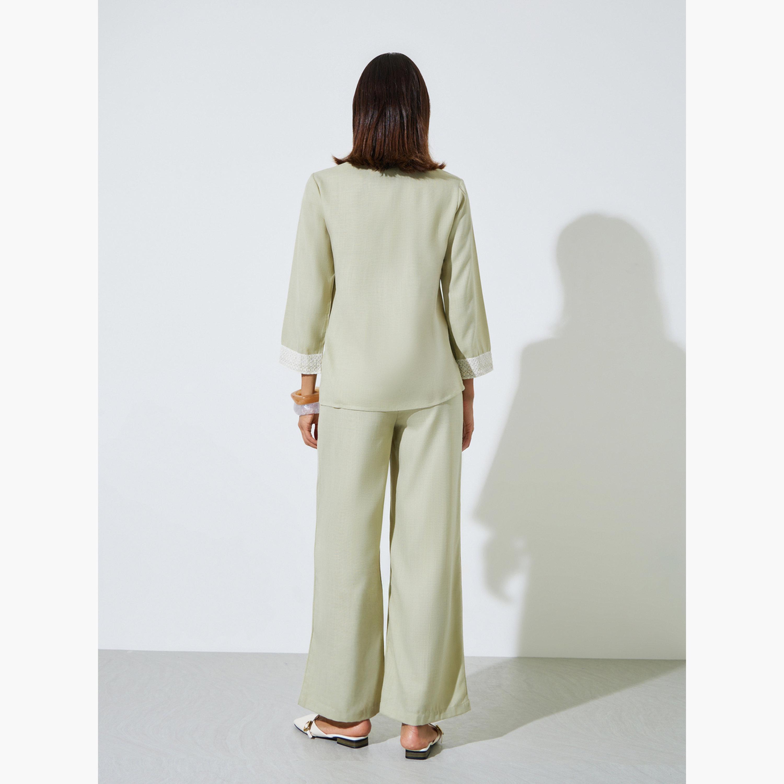 Amirah X Styli Green Mandarin Collar Shirt and Straight Pants Modest Set-women-arabicclothing-sets-image-3