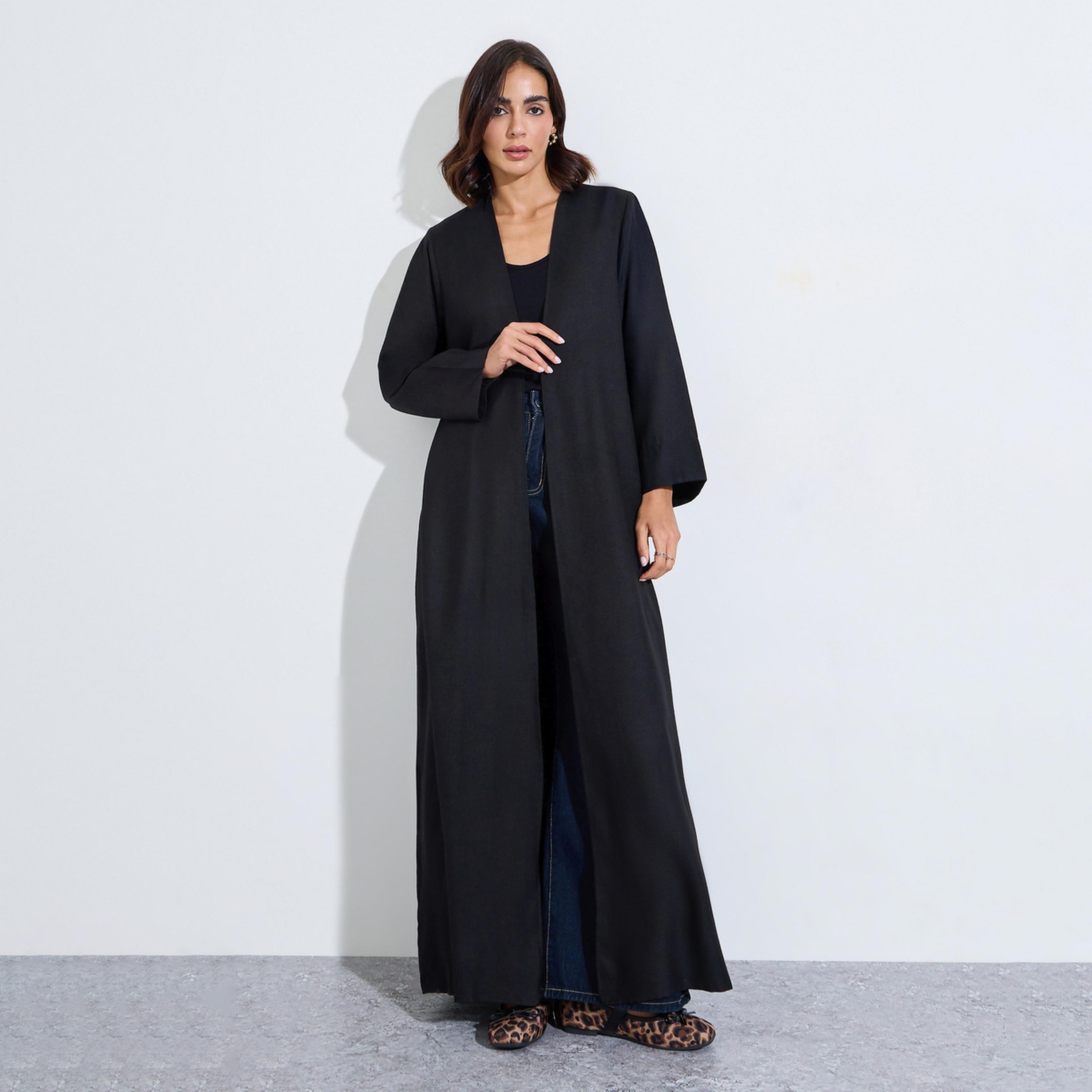 Amirah X Styli Black Linen Look Abaya with Wide Sleeves-women-arabicclothing-abayas-image-1
