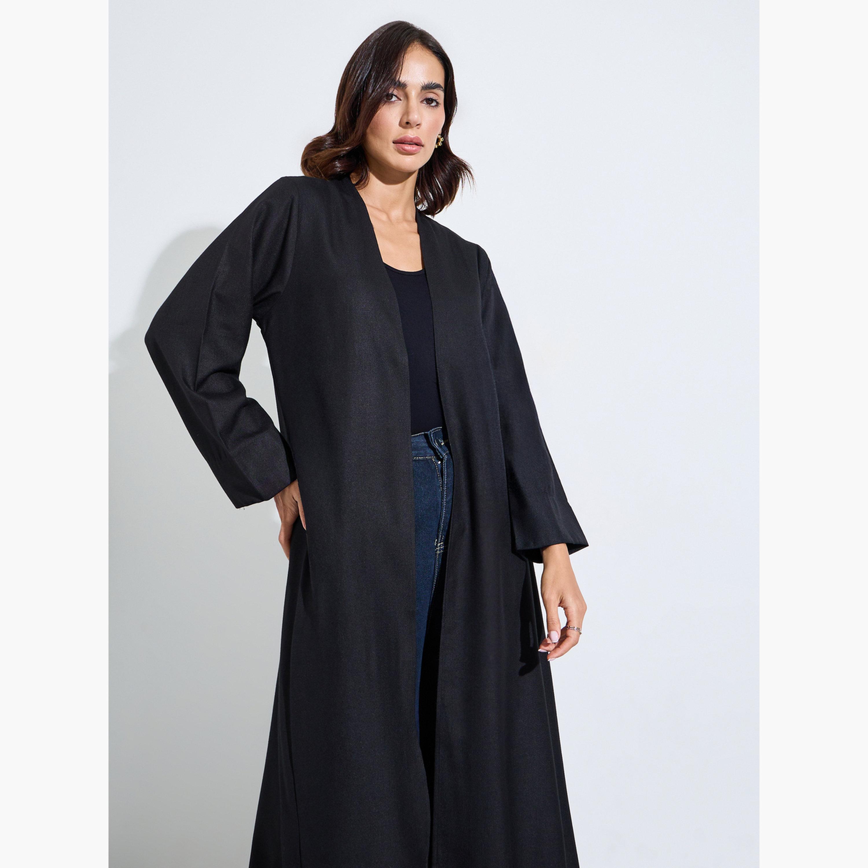 Amirah X Styli Black Linen Look Abaya with Wide Sleeves-women-arabicclothing-abayas-image-2