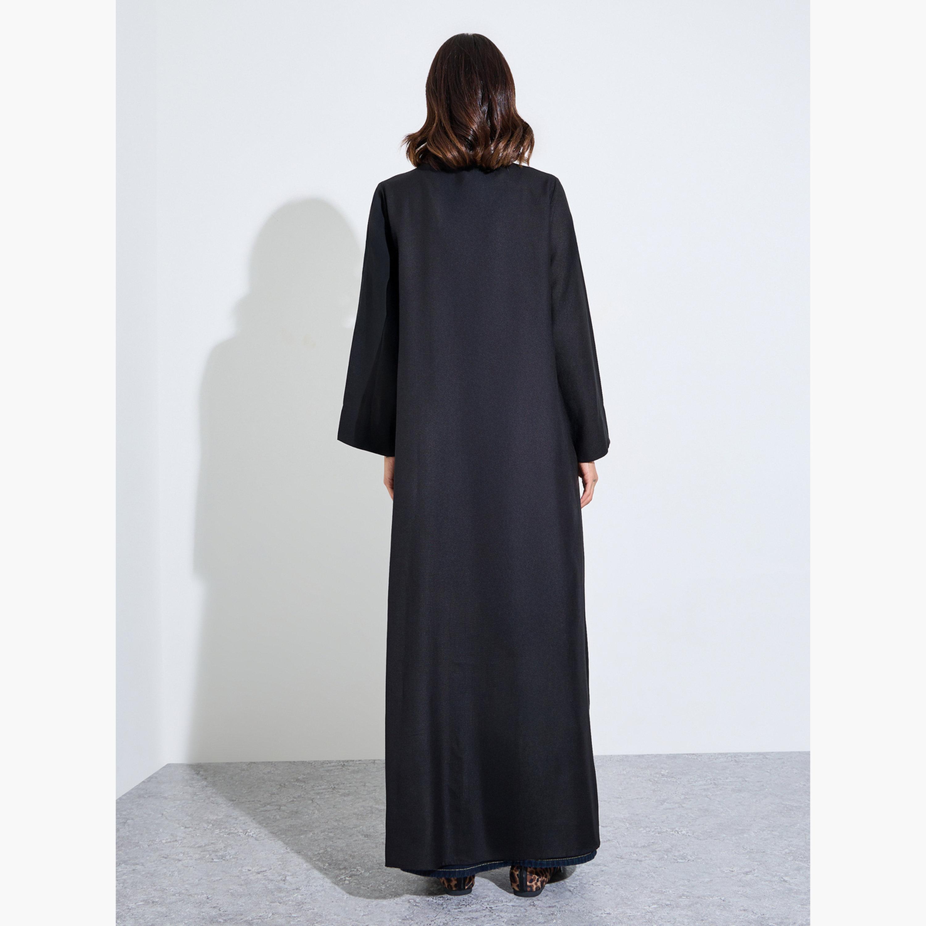 Amirah X Styli Black Linen Look Abaya with Wide Sleeves-women-arabicclothing-abayas-image-4