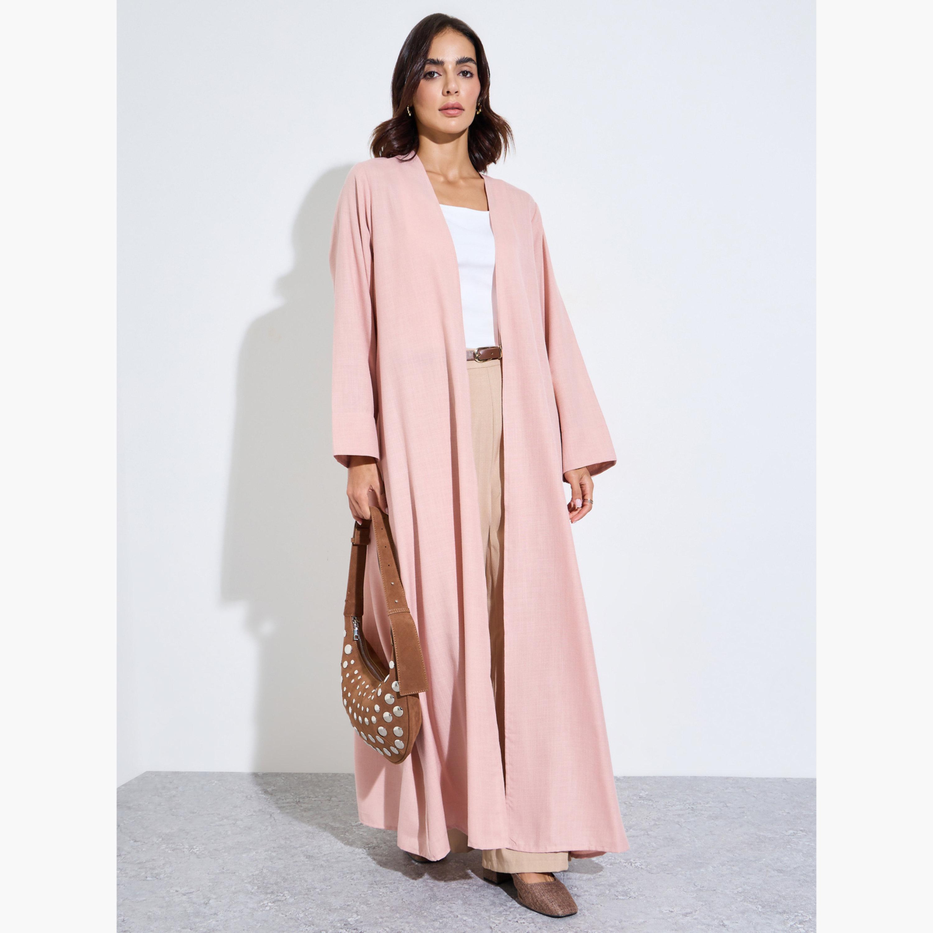 Amirah X Styli Light Pink Linen Look Abaya with Wide Sleeves-women-arabicclothing-abayas-image-1