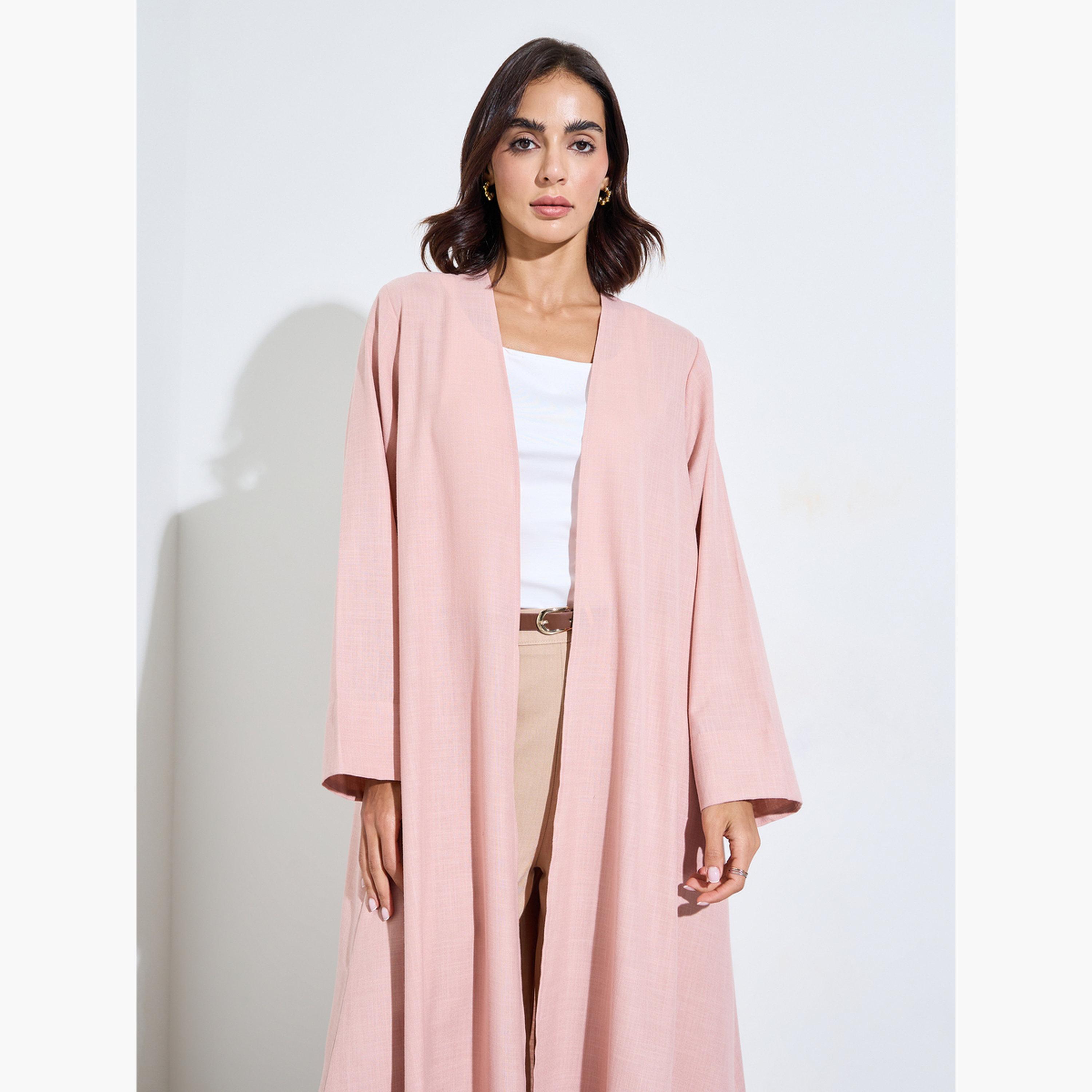 Amirah X Styli Light Pink Linen Look Abaya with Wide Sleeves-women-arabicclothing-abayas-image-2