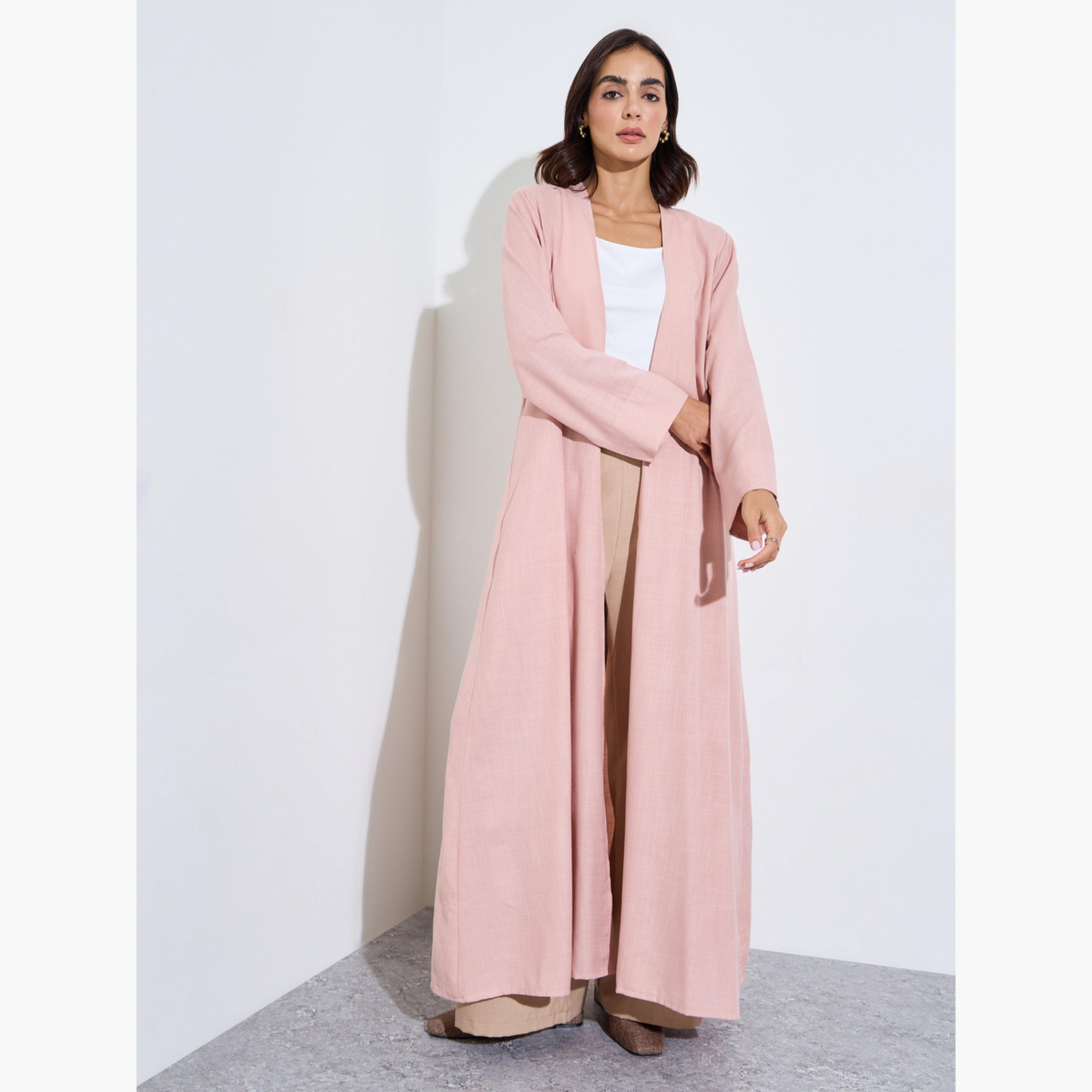 Amirah X Styli Light Pink Linen Look Abaya with Wide Sleeves-women-arabicclothing-abayas-image-3