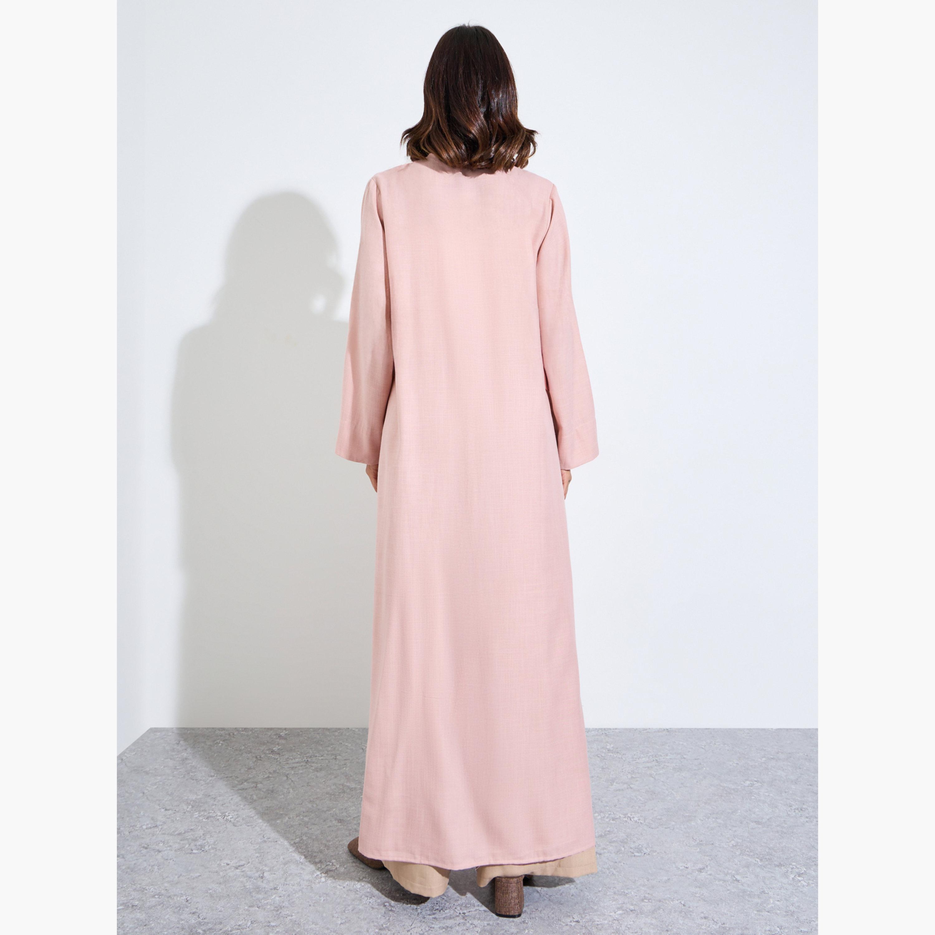 Amirah X Styli Light Pink Linen Look Abaya with Wide Sleeves-women-arabicclothing-abayas-image-4