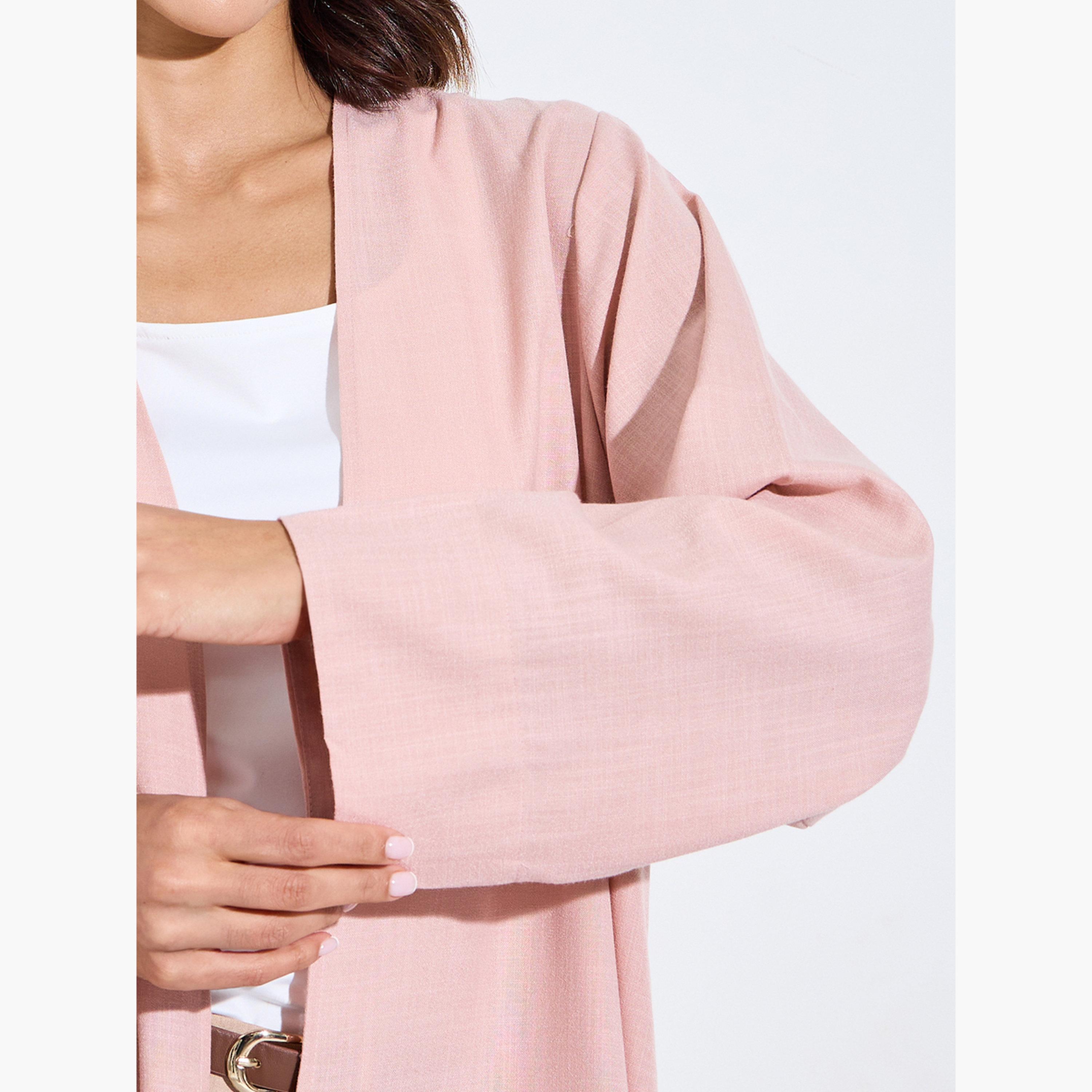 Amirah X Styli Light Pink Linen Look Abaya with Wide Sleeves-women-arabicclothing-abayas-image-5
