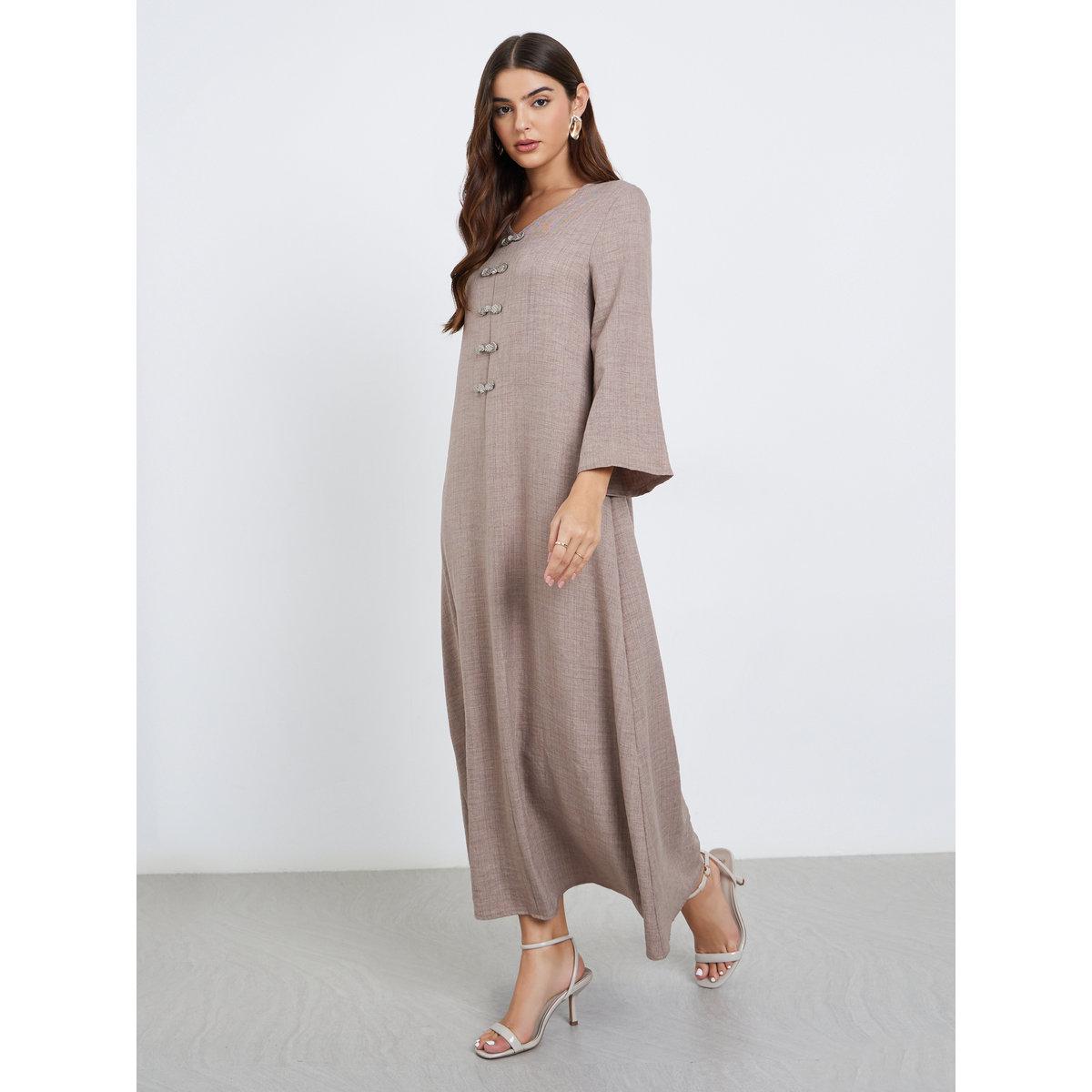 Styli Brown Maxi Jalabiya with Button Detail-women-arabicclothing-jalabiyas-image-1