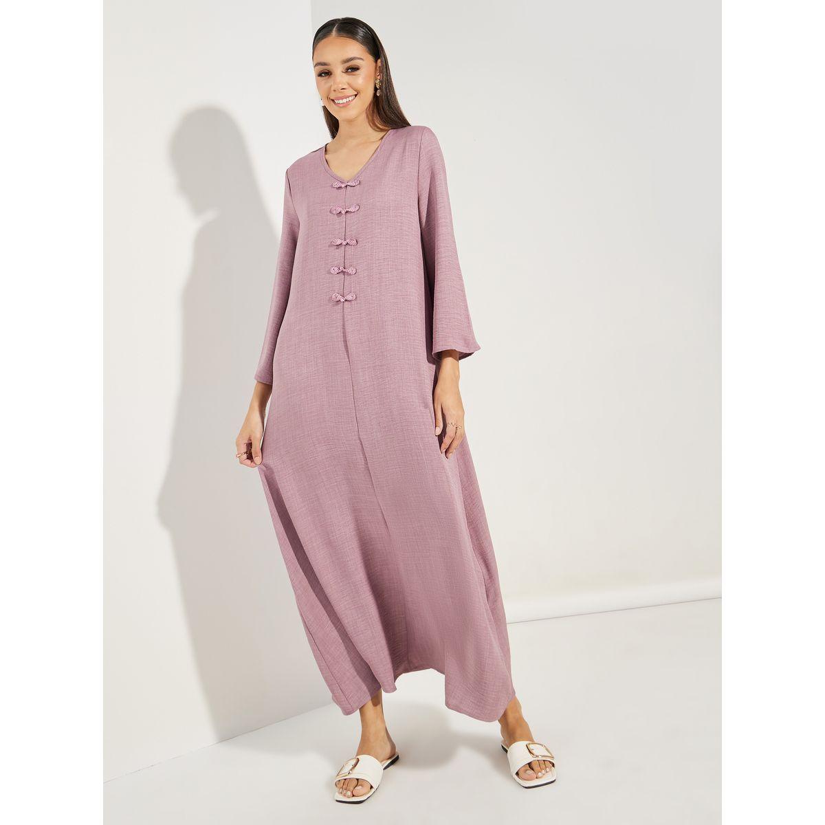 Styli Decorative Button Detail V Neck Jalabiya-women-arabicclothing-jalabiyas-image-1