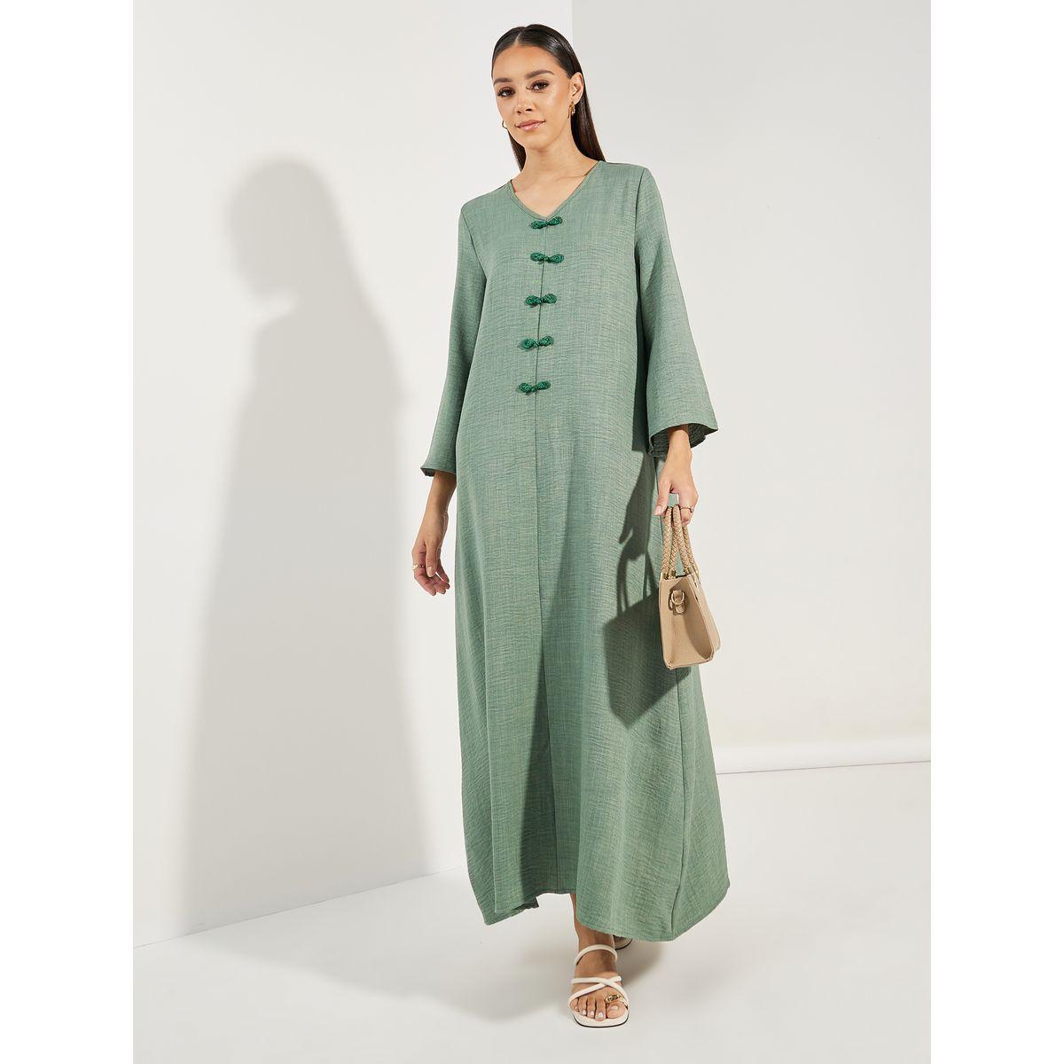 Styli Decorative Button Detail V Neck Jalabiya-women-arabicclothing-jalabiyas-image-1