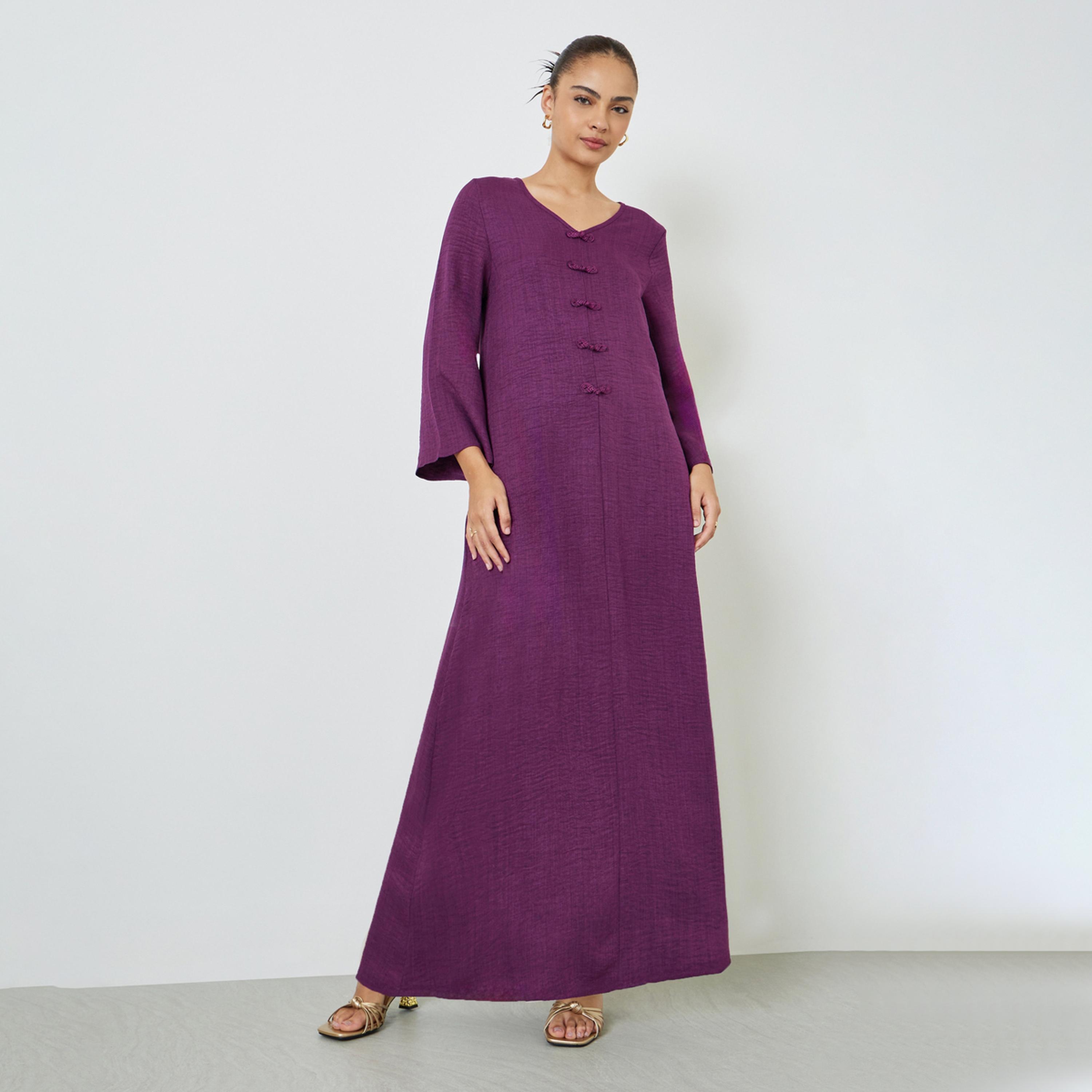 Amirah X Styli Maroon V Neck Jalabiya with Decorative Buttons-women-arabicclothing-jalabiyas-image-1