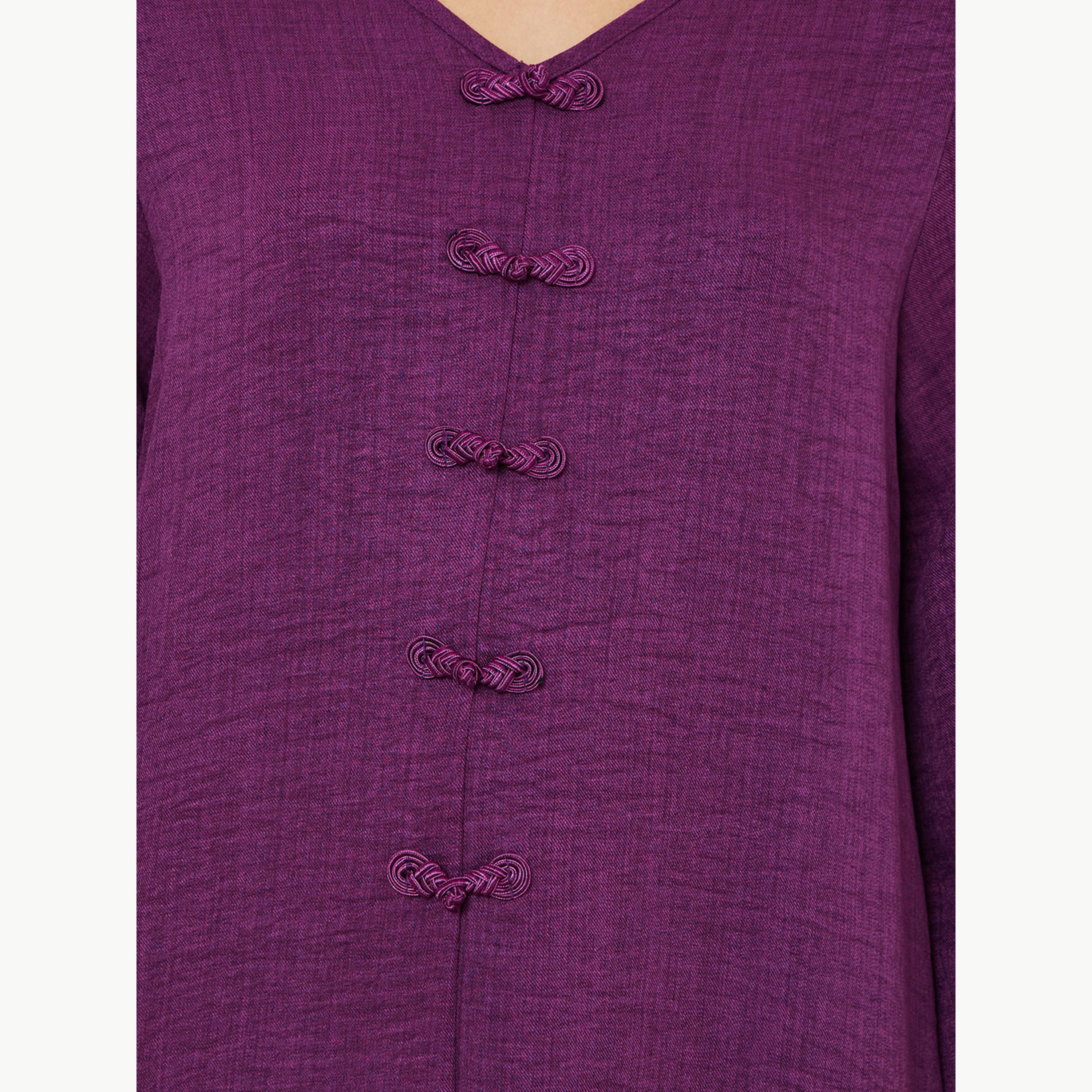 Amirah X Styli Maroon V Neck Jalabiya with Decorative Buttons-women-arabicclothing-jalabiyas-image-5