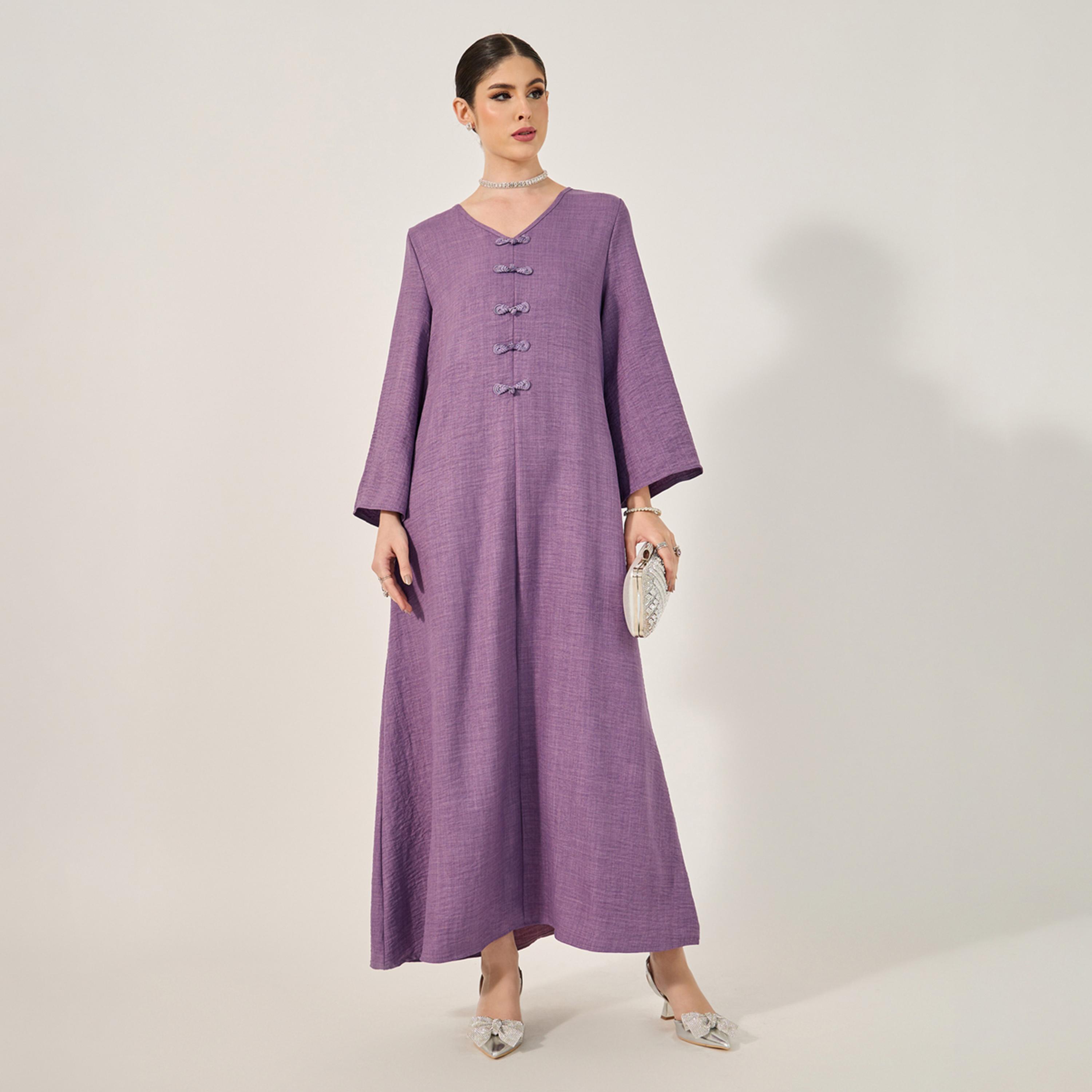 Styli Denim Look Jalabiya With Decorative Button Details-women-arabicclothing-jalabiyas-image-2