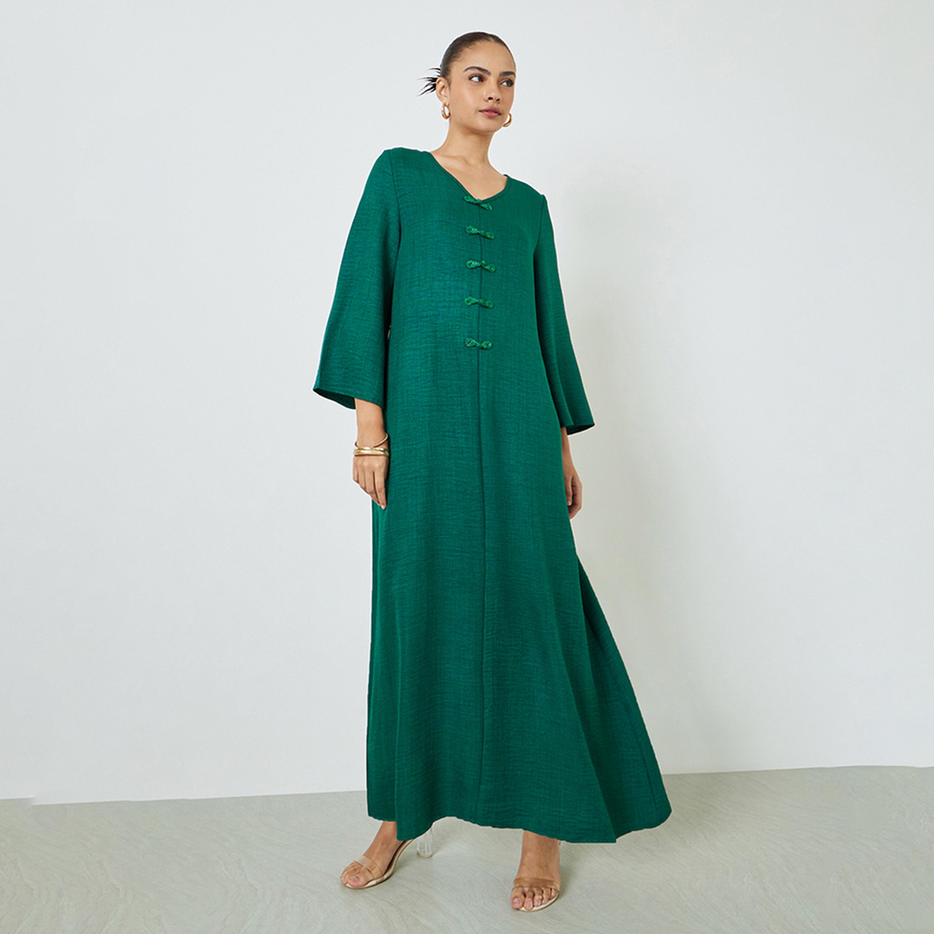 Amirah X Styli Dark Green V Neck Jalabiya with Decorative Buttons-women-arabicclothing-jalabiyas-image-1