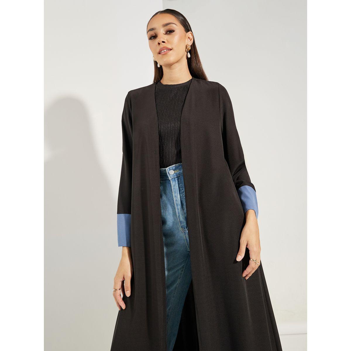 Styli Contrast Cuff Open Front Abaya-women-arabicclothing-abayas-image-2