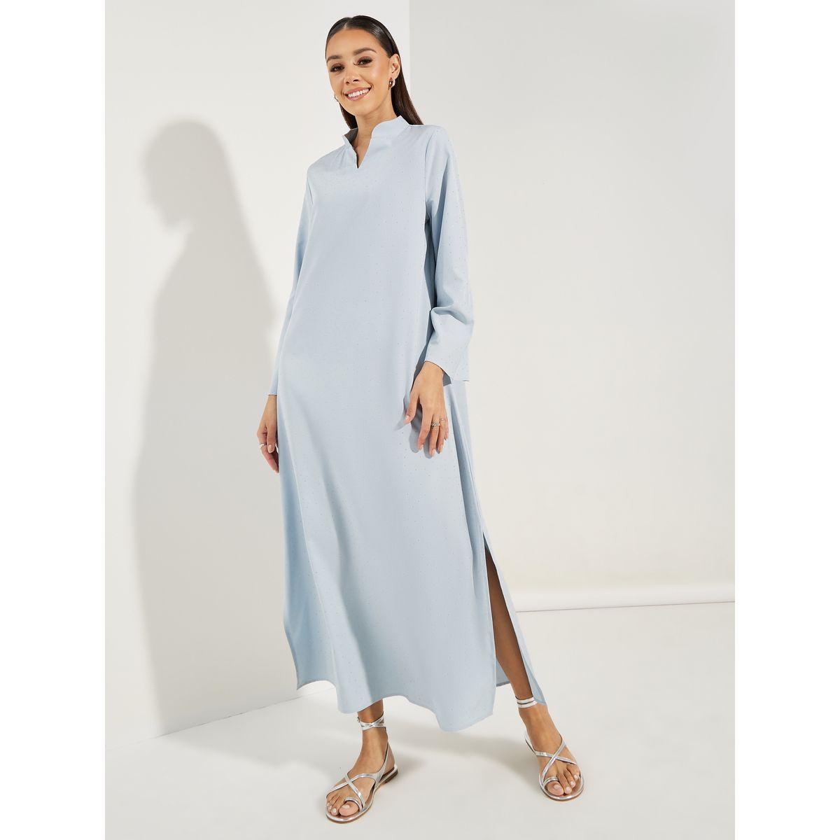 Styli Spot Textured Collared Jalabiya-women-arabicclothing-jalabiyas-image-1