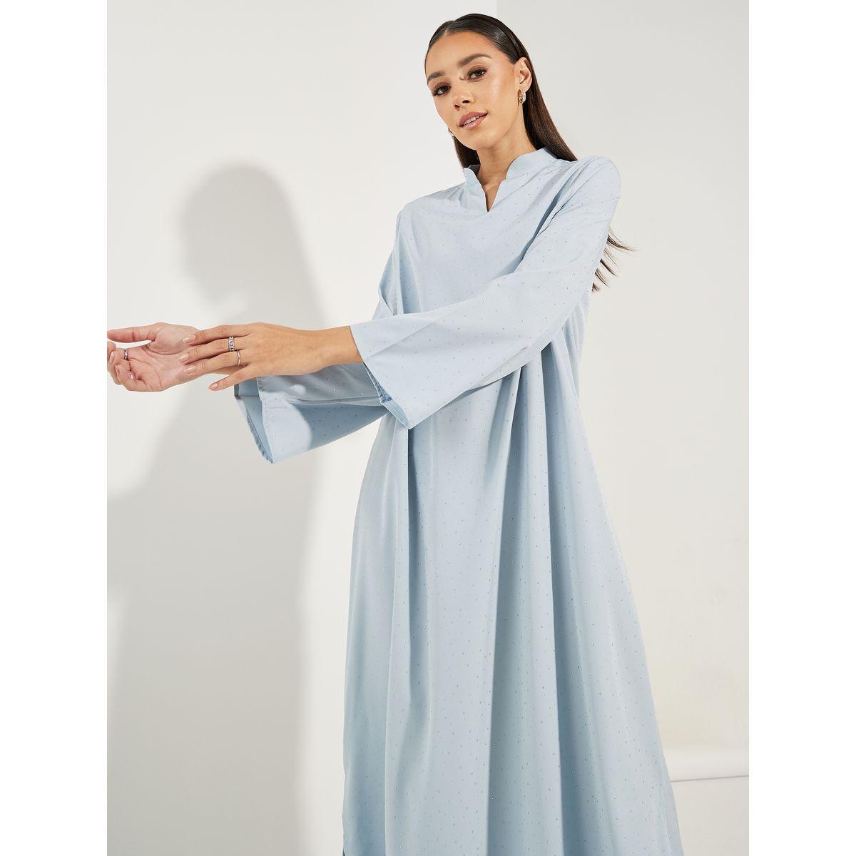 Styli Spot Textured Collared Jalabiya-women-arabicclothing-jalabiyas-image-2