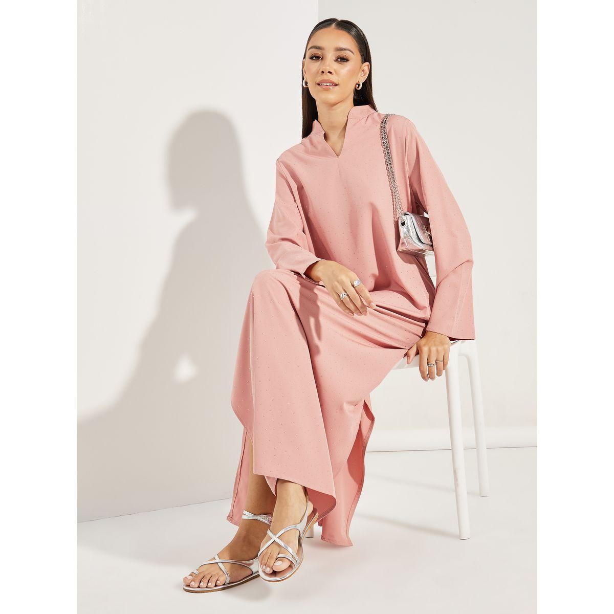 Styli Spot Textured Collared Jalabiya-women-arabicclothing-jalabiyas-image-1