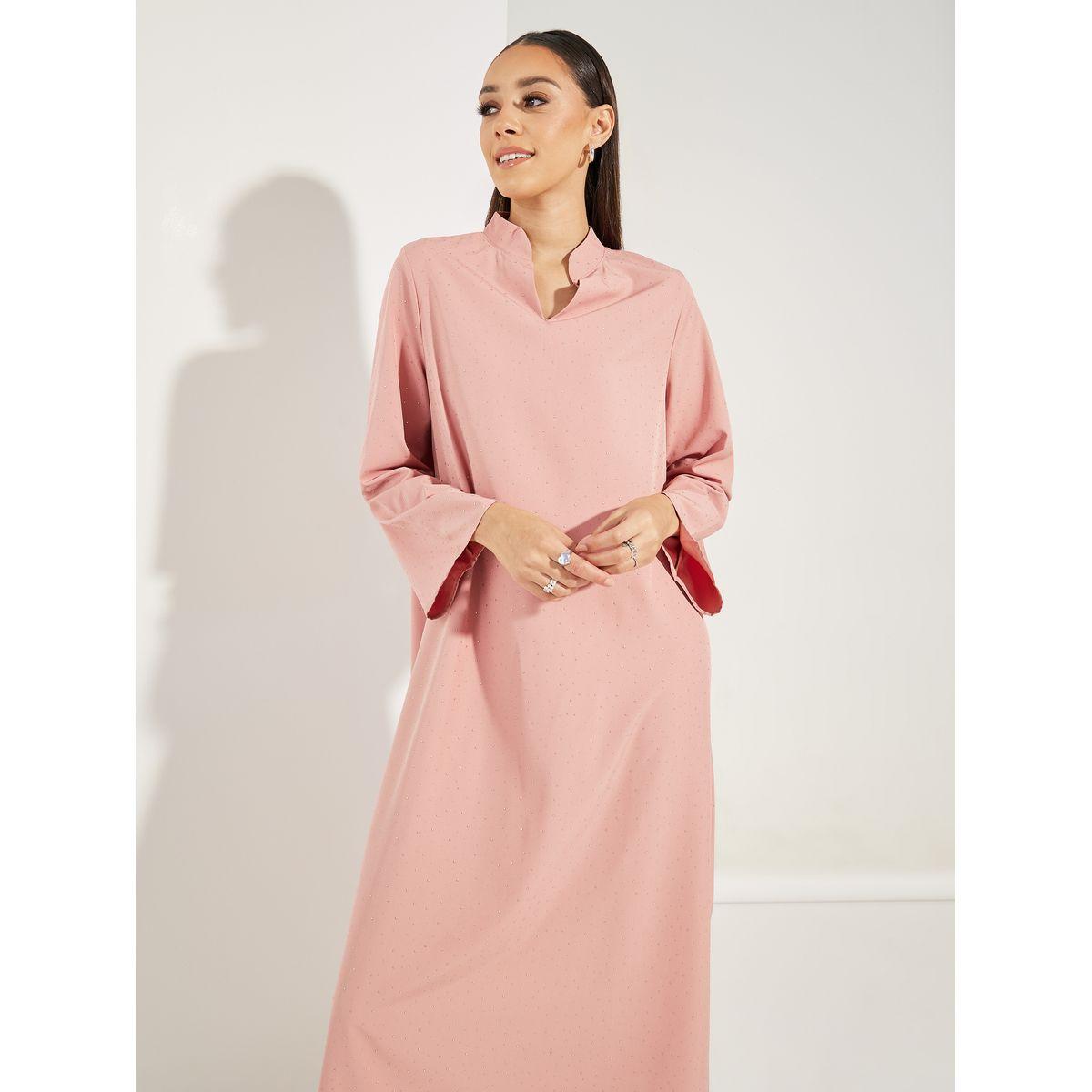 Styli Spot Textured Collared Jalabiya-women-arabicclothing-jalabiyas-image-3