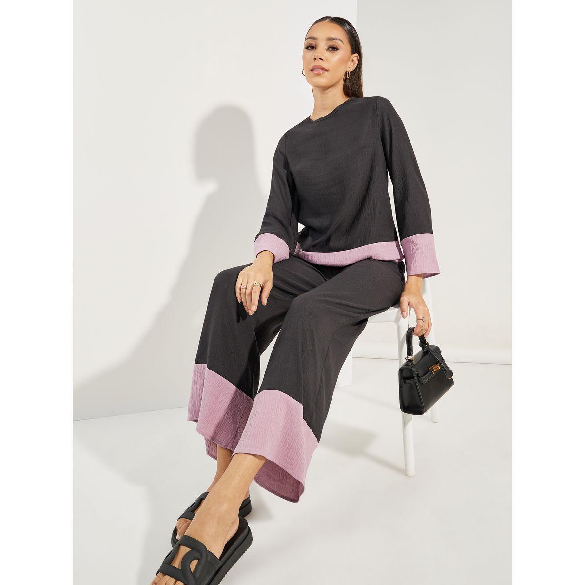 Styli Contrast Border Long Top & Wide Leg Pants Modest Set-women-arabicclothing-sets-image-1