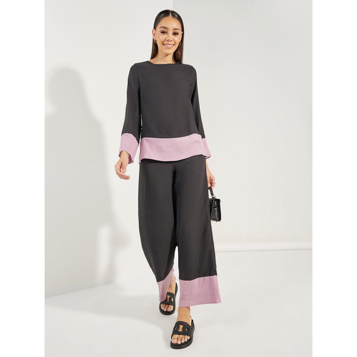 Styli Contrast Border Long Top & Wide Leg Pants Modest Set-women-arabicclothing-sets-image-2