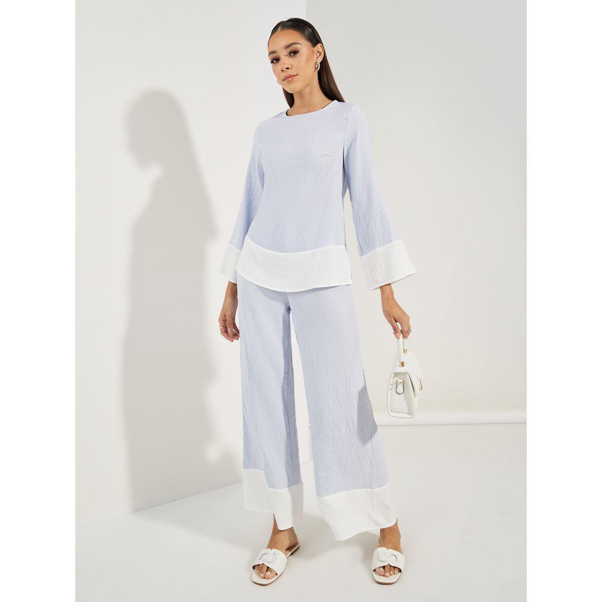 Styli Contrast Border Long Top & Wide Leg Pants Modest Set-women-arabicclothing-sets-image-1