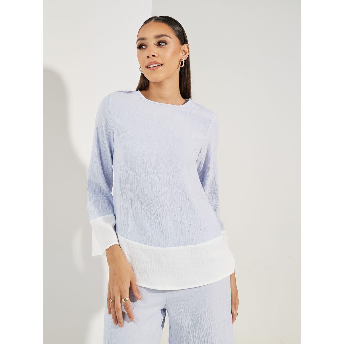Styli Contrast Border Long Top & Wide Leg Pants Modest Set-women-arabicclothing-sets-image-2
