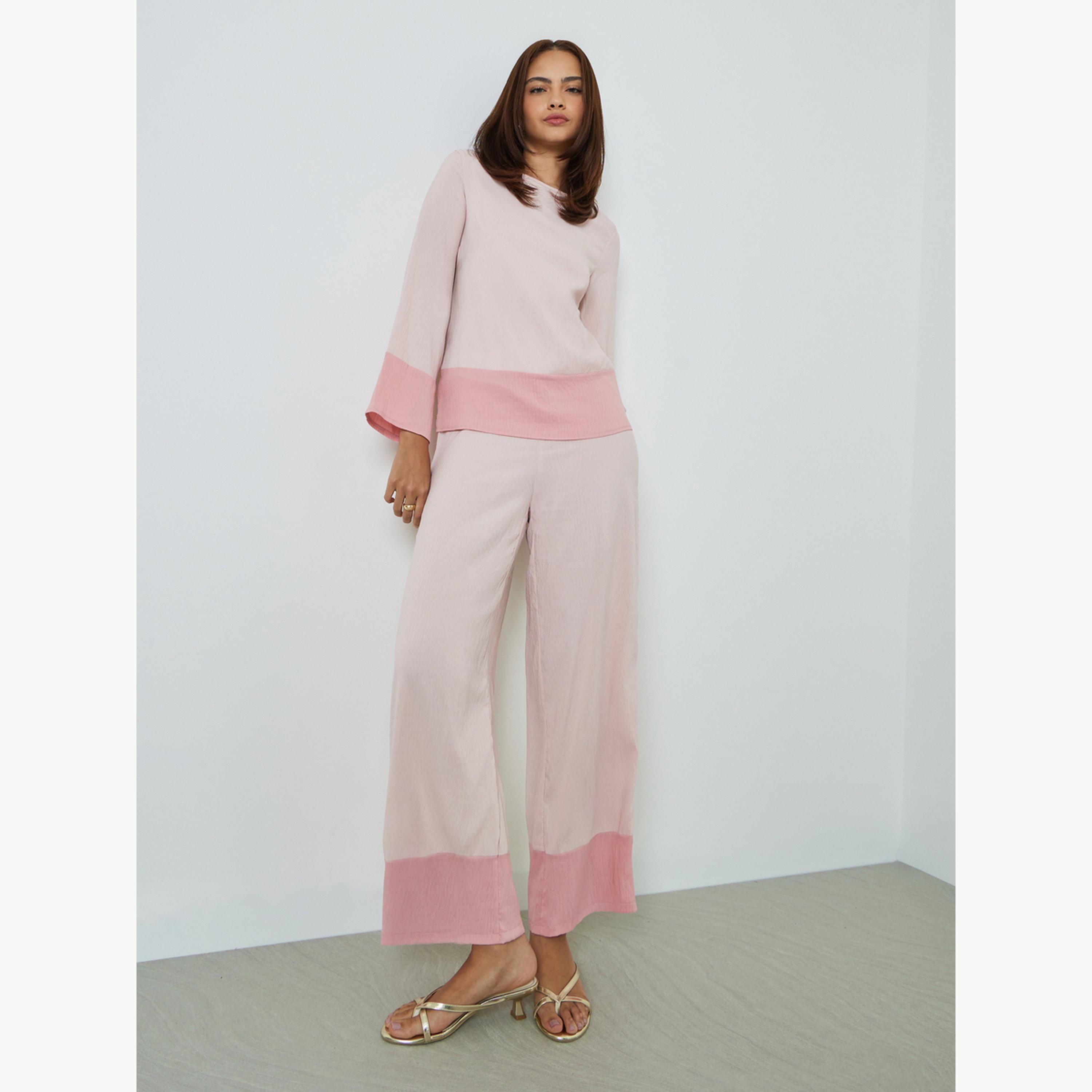 Amirah X Styli Light Pink Contrast Border Top and Pants Modest Set-women-clothing-coordsets-image-1