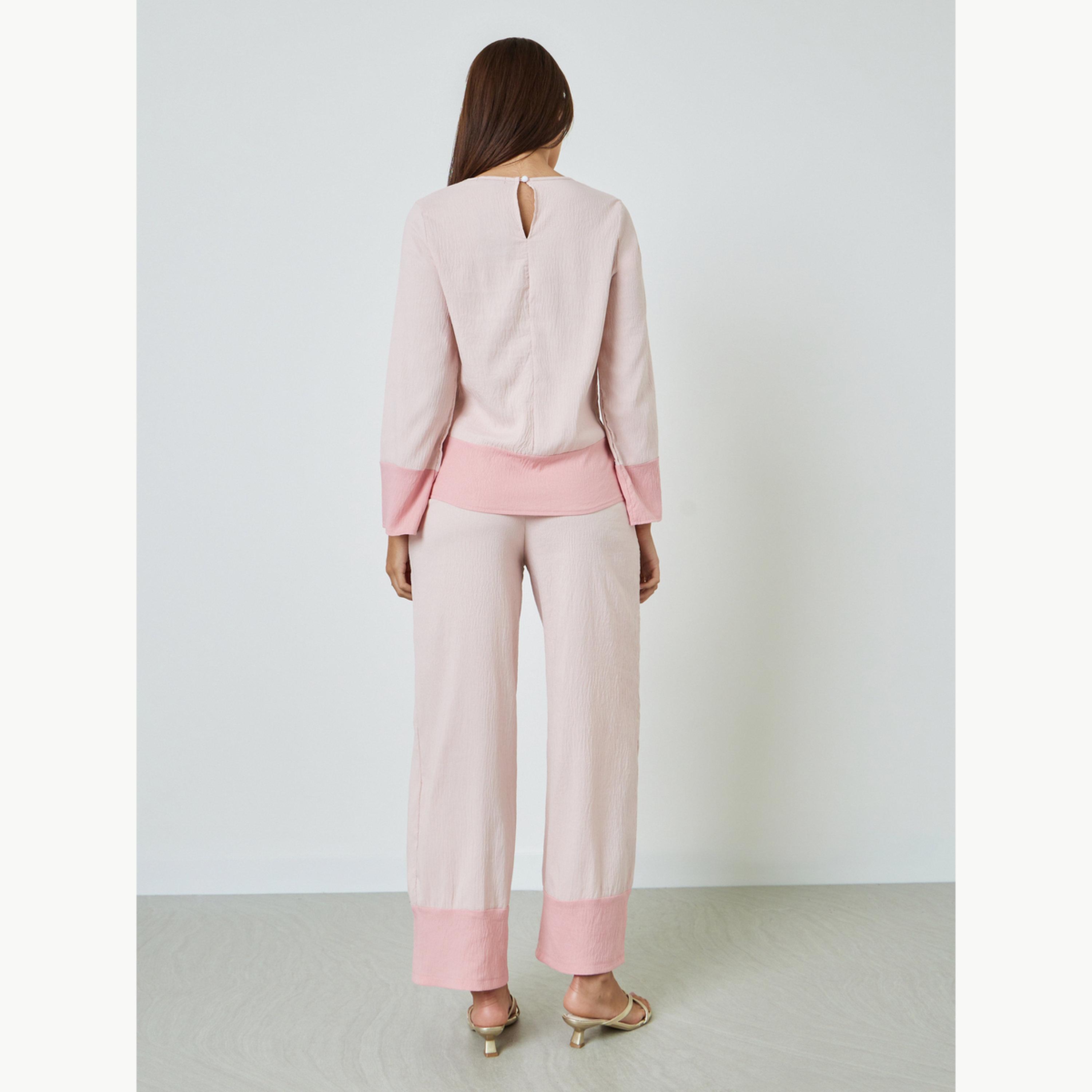 Amirah X Styli Light Pink Contrast Border Top and Pants Modest Set-women-clothing-coordsets-image-4