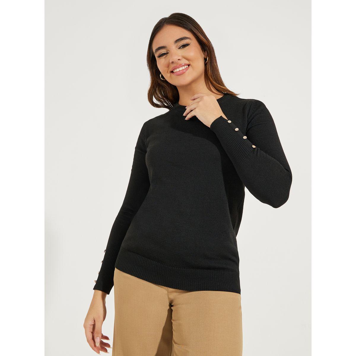Styli Slim Fit Round Neck Sweater with Button Cuff Detail-women-winterwear-cardigansandjumpers-jumpers-image-1