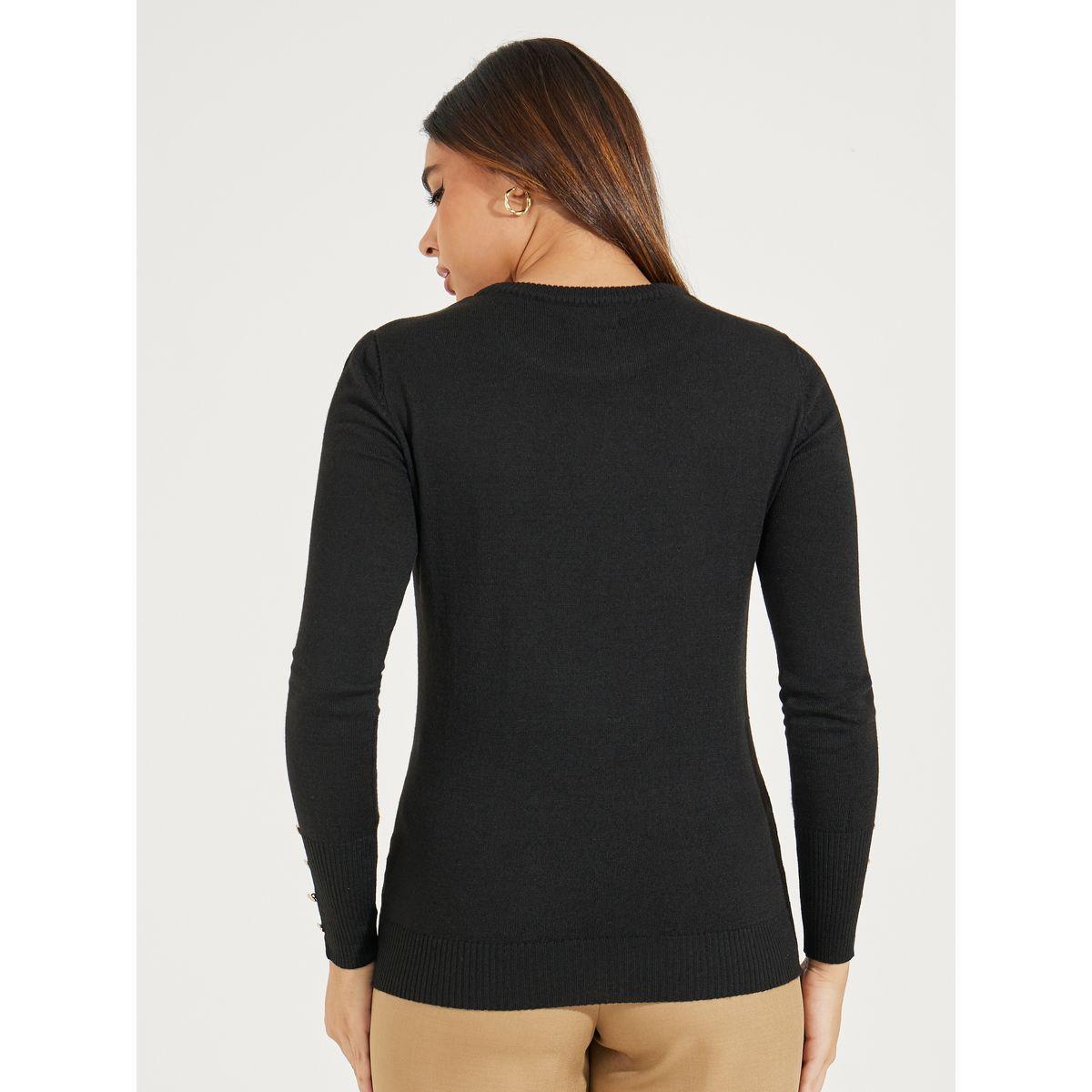 Styli Slim Fit Round Neck Sweater with Button Cuff Detail-women-winterwear-cardigansandjumpers-jumpers-image-4
