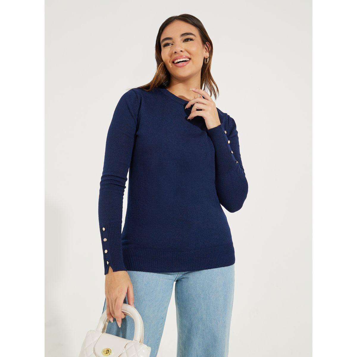 سويتر بقصة سليم فت مع ياقة دائرية وازرار-women-clothing-cardigansandjumpers-jumpers-image-1