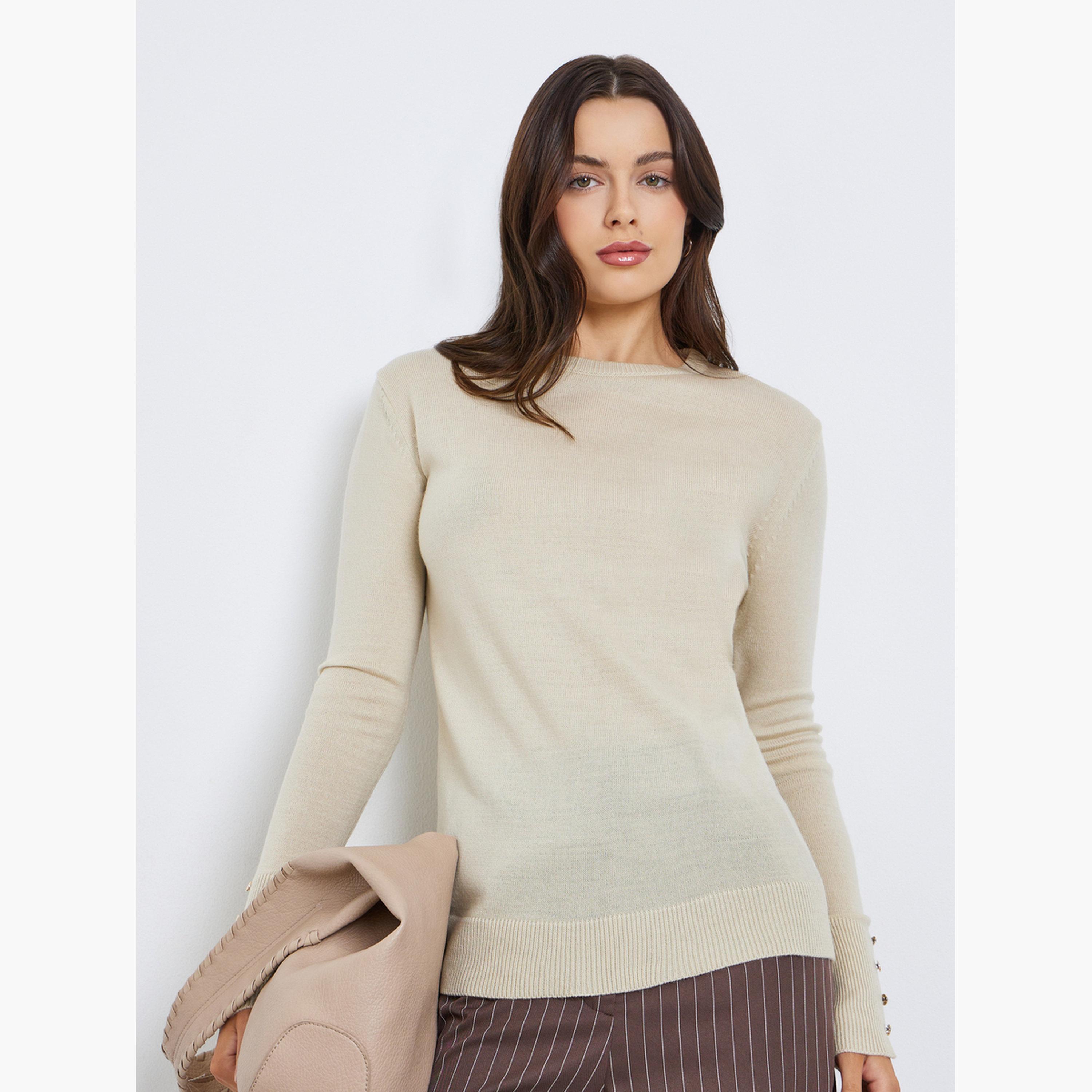 Styli Button Cuff Detail Slim Fit Round Neck Long Sleeves Women's Sweater-women-winterwear-cardigansandjumpers-jumpers-image-1