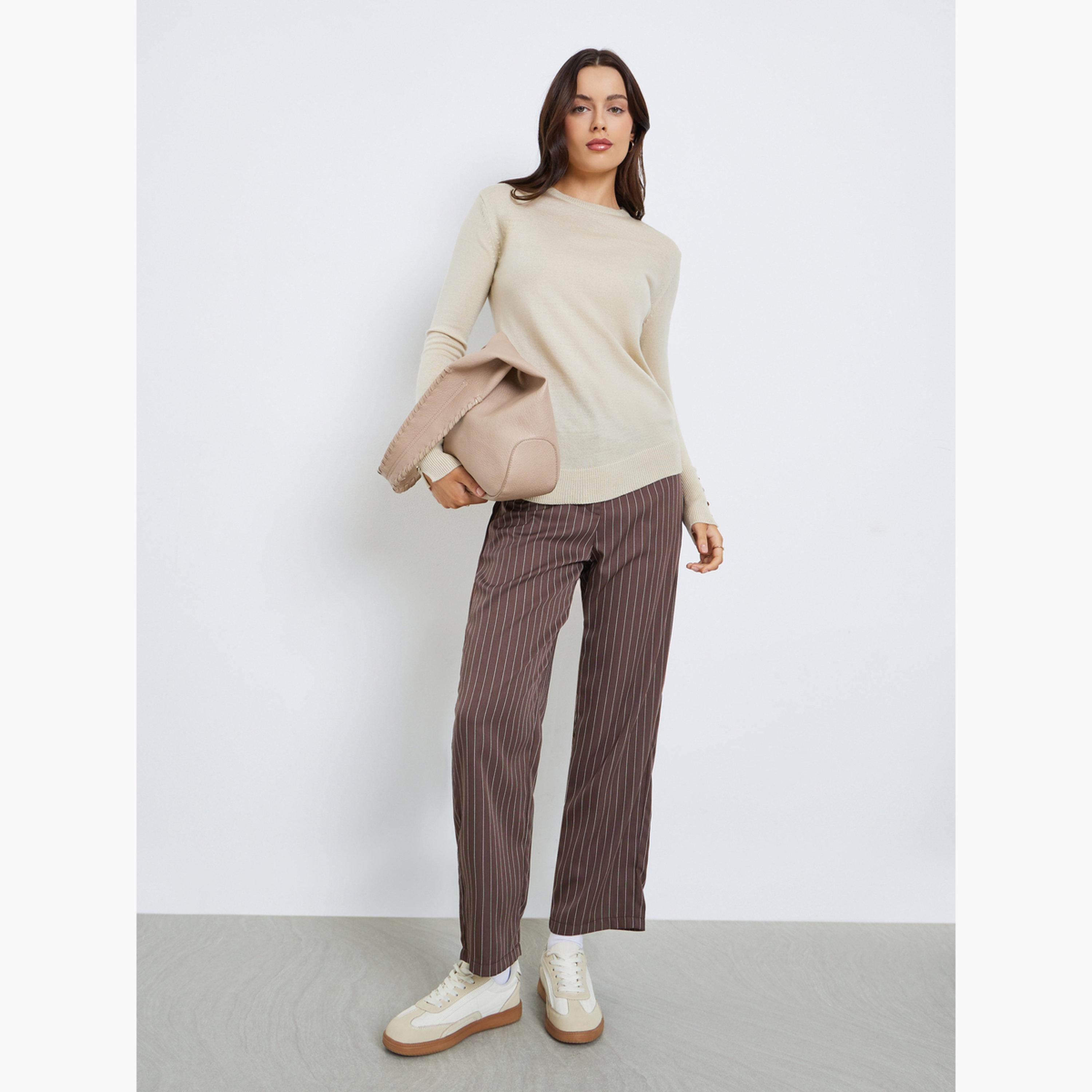 Styli Button Cuff Detail Slim Fit Round Neck Long Sleeves Women's Sweater-women-winterwear-cardigansandjumpers-jumpers-image-2