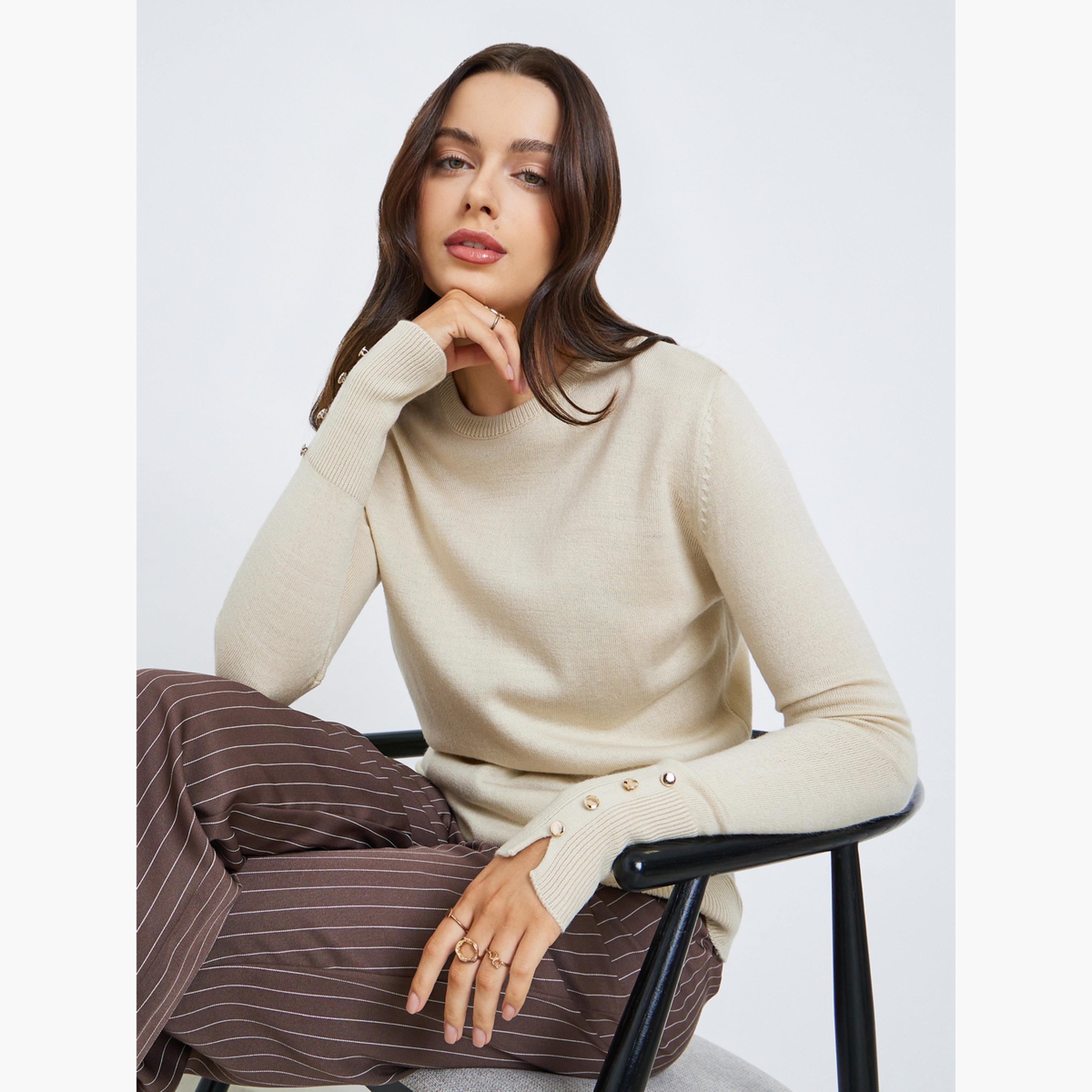 Styli Button Cuff Detail Slim Fit Round Neck Long Sleeves Women's Sweater-women-winterwear-cardigansandjumpers-jumpers-image-3