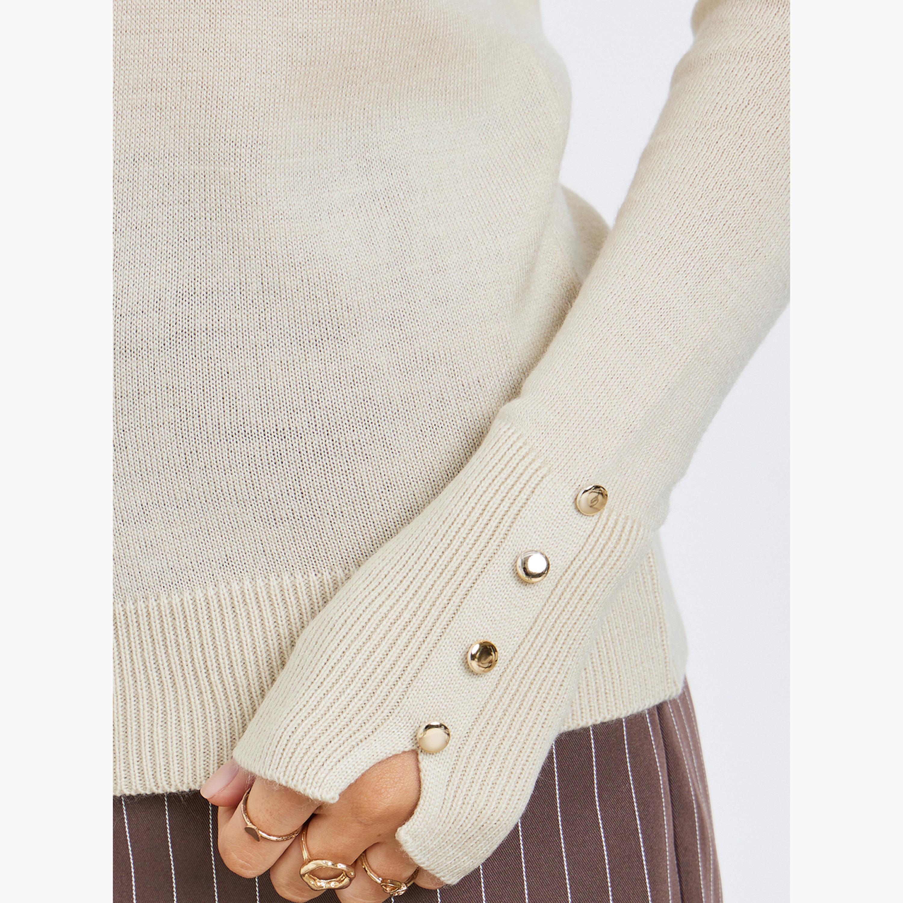 Styli Button Cuff Detail Slim Fit Round Neck Long Sleeves Women's Sweater-women-winterwear-cardigansandjumpers-jumpers-image-4