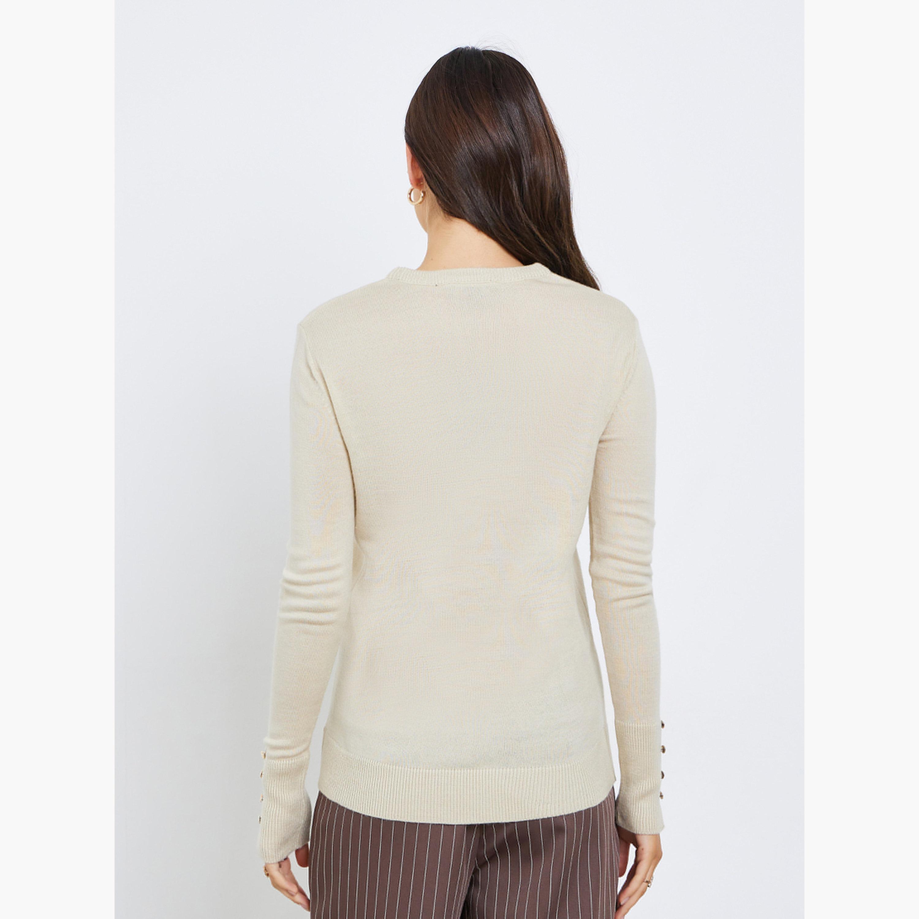 Styli Button Cuff Detail Slim Fit Round Neck Long Sleeves Women's Sweater-women-winterwear-cardigansandjumpers-jumpers-image-6