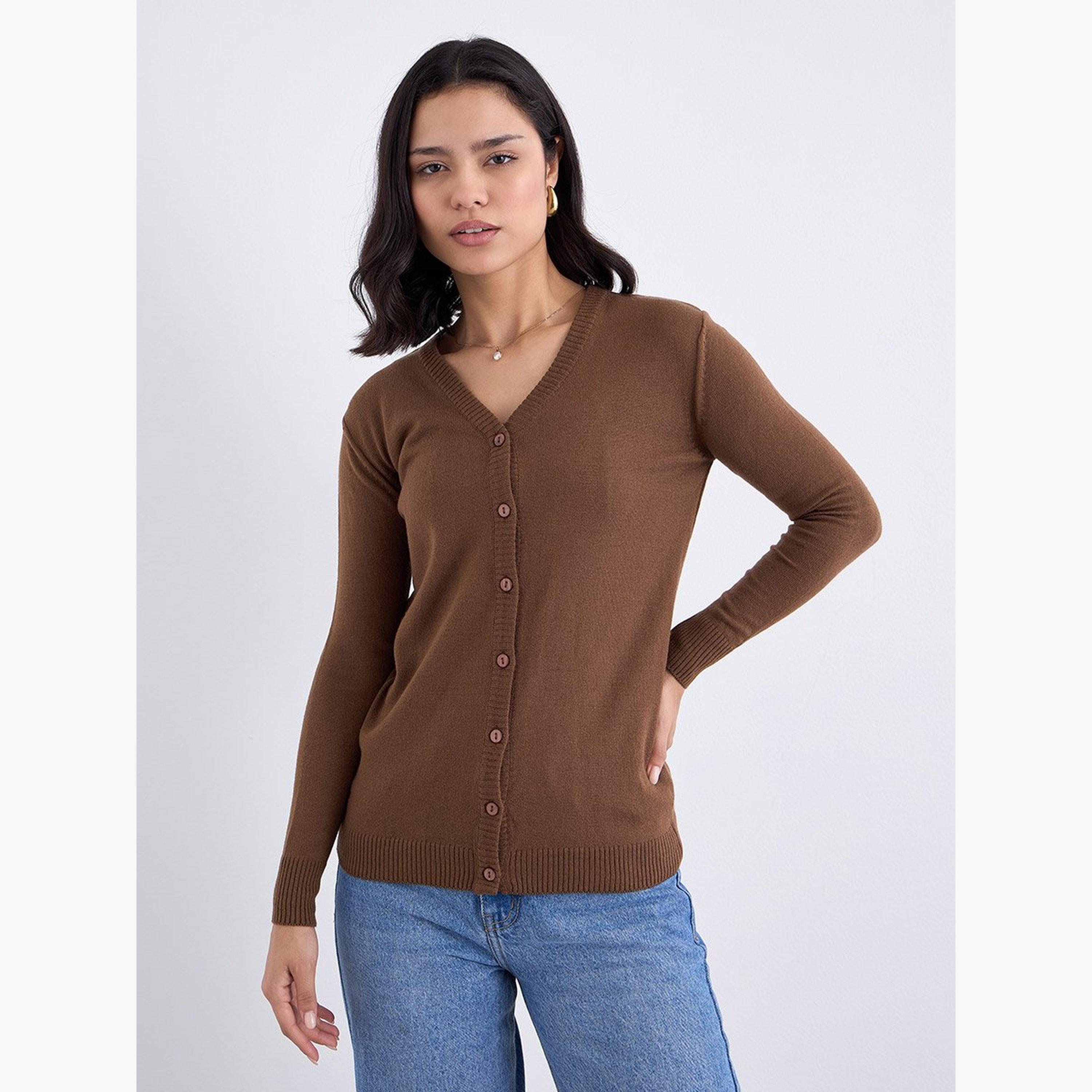 Styli Regular Fit Button Placket Knit Cardigan-women-winterwear-cardigansandjumpers-cardigans-image-1