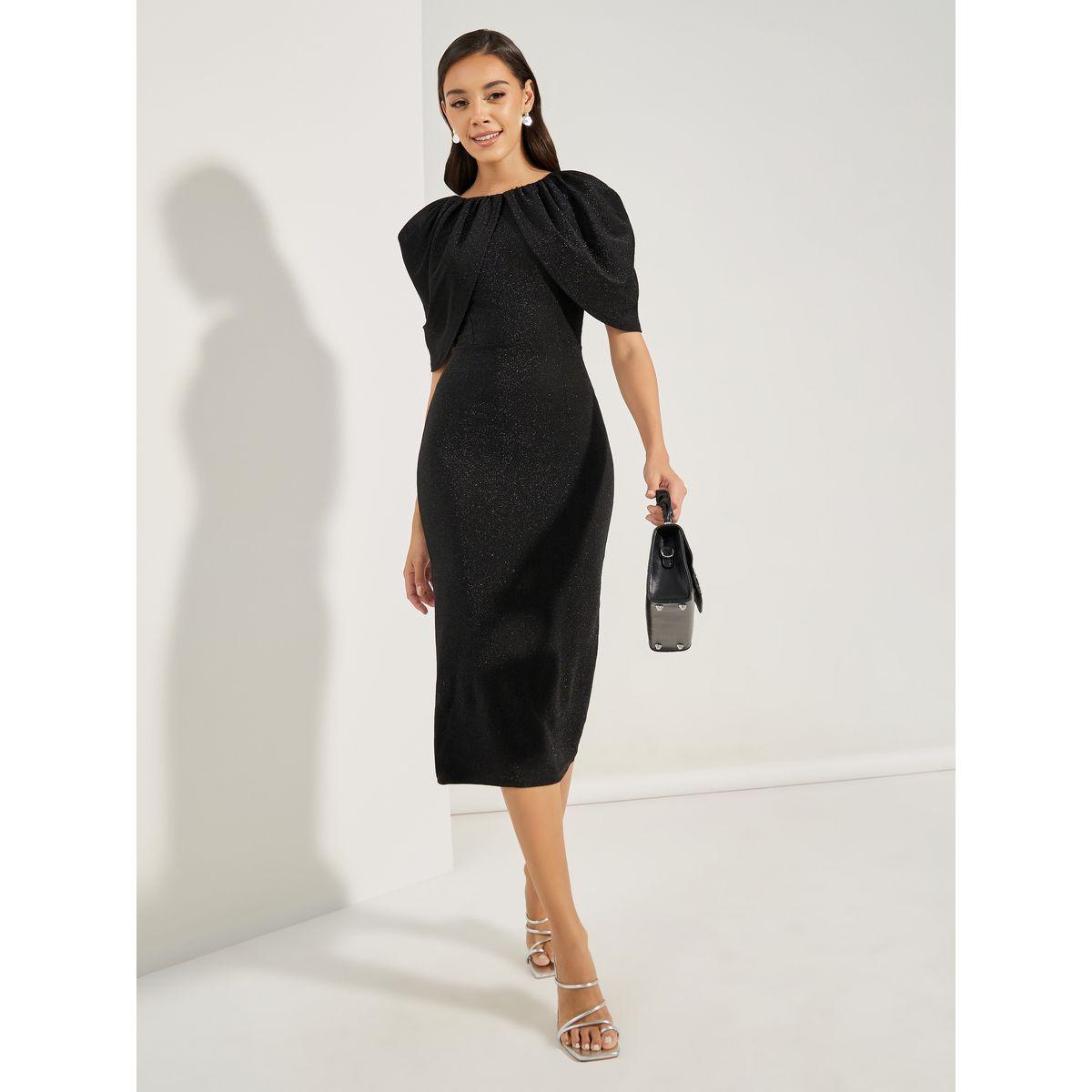 Styli Limited Glitter Look Draped Sleeves Sheath Midi Dress-women-clothing-dresses-image-2