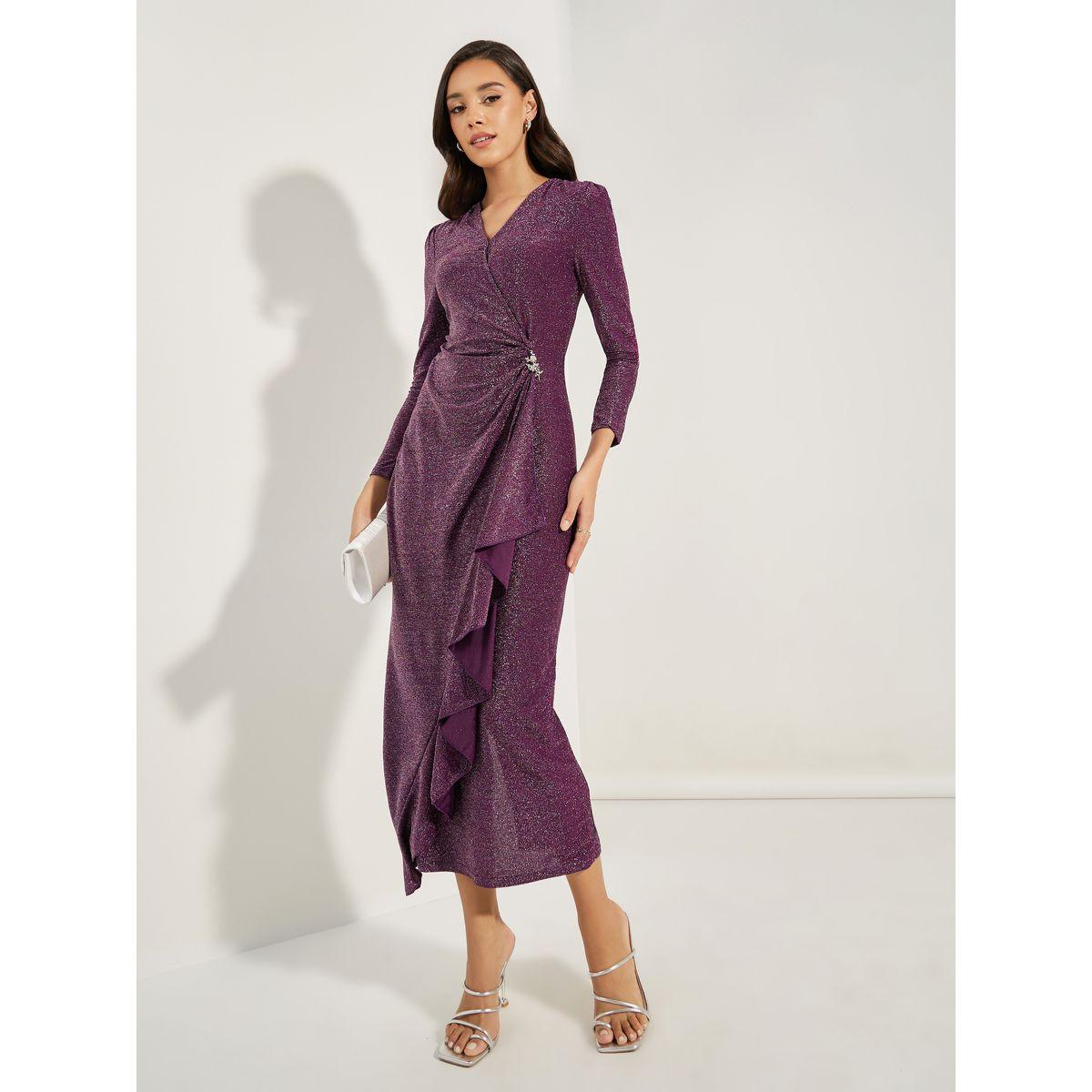 Styli Limited Glitter Look Ruffled Wrap Front Midi Dress-women-clothing-dresses-image-1