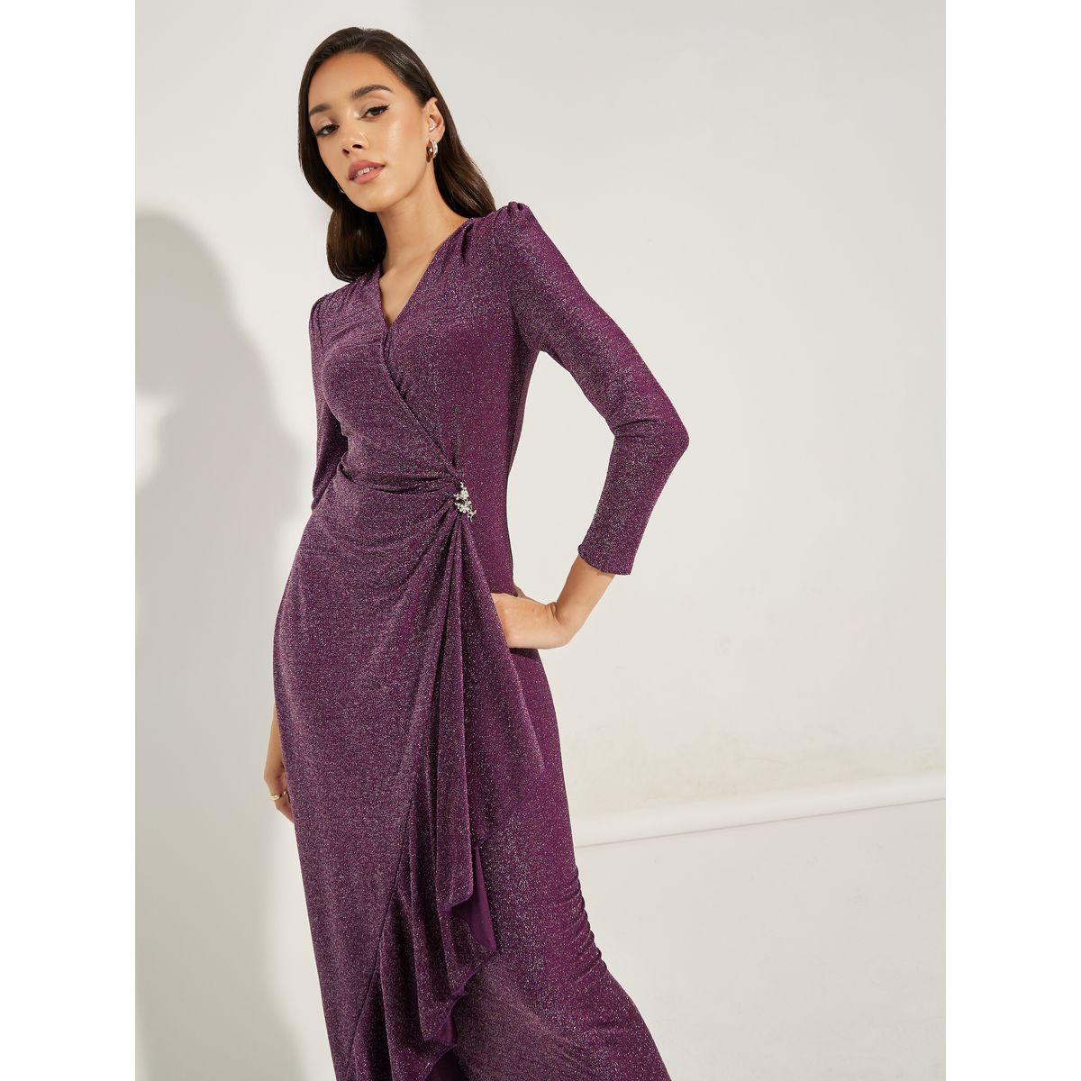Styli Limited Glitter Look Ruffled Wrap Front Midi Dress-women-clothing-dresses-image-2