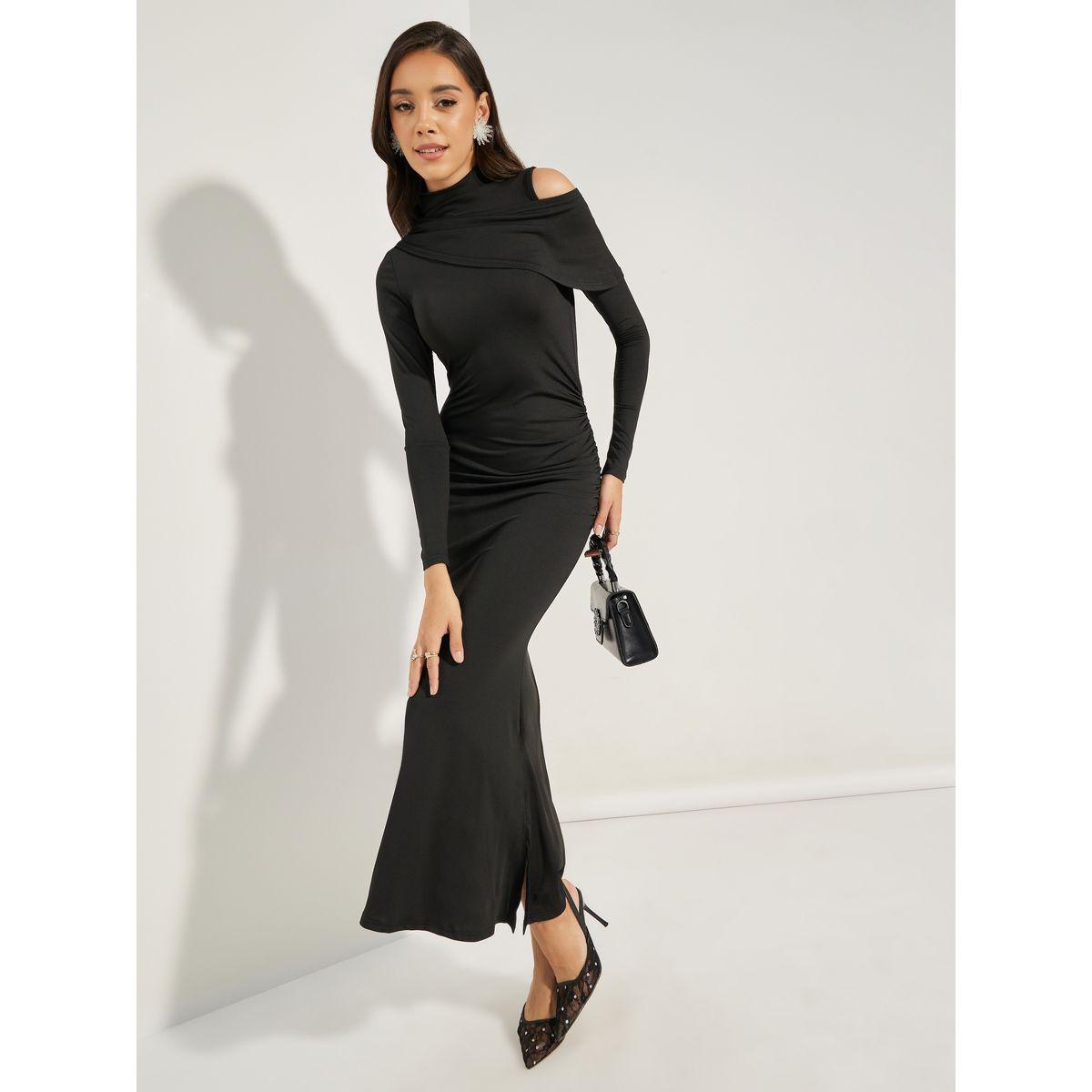 Styli Elevate Draped High Neck Maxi Dress with Cut-Out Detail-women-clothing-dresses-image-1