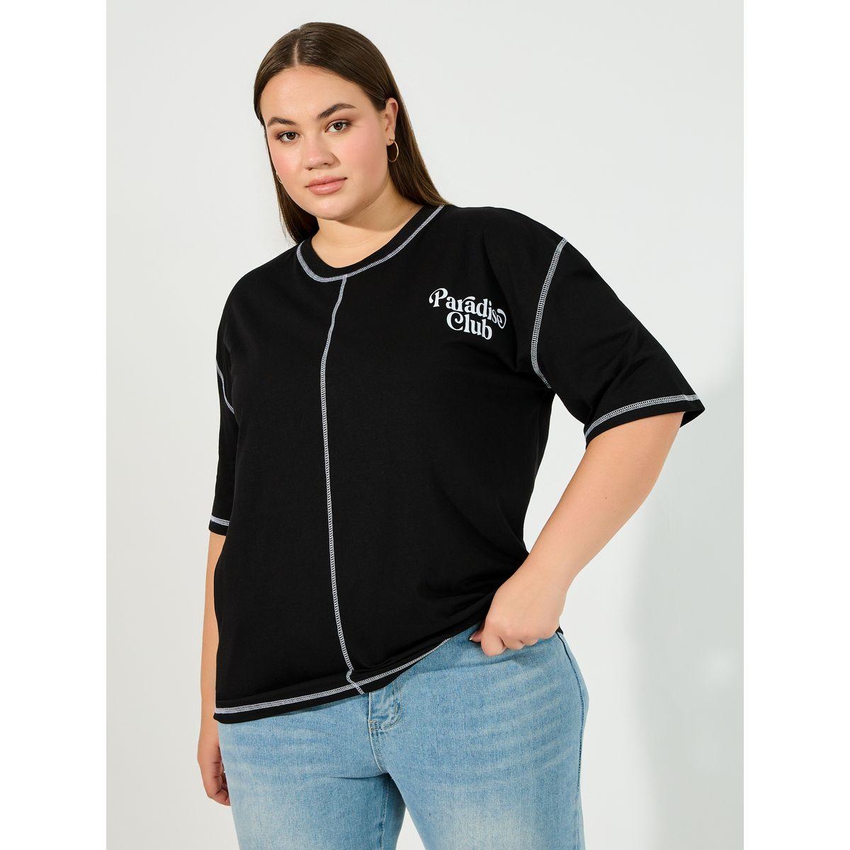 تيشيرت فضفاض بمقاس كبير وطبعة كتابة-women-clothing-tshirts-image-1