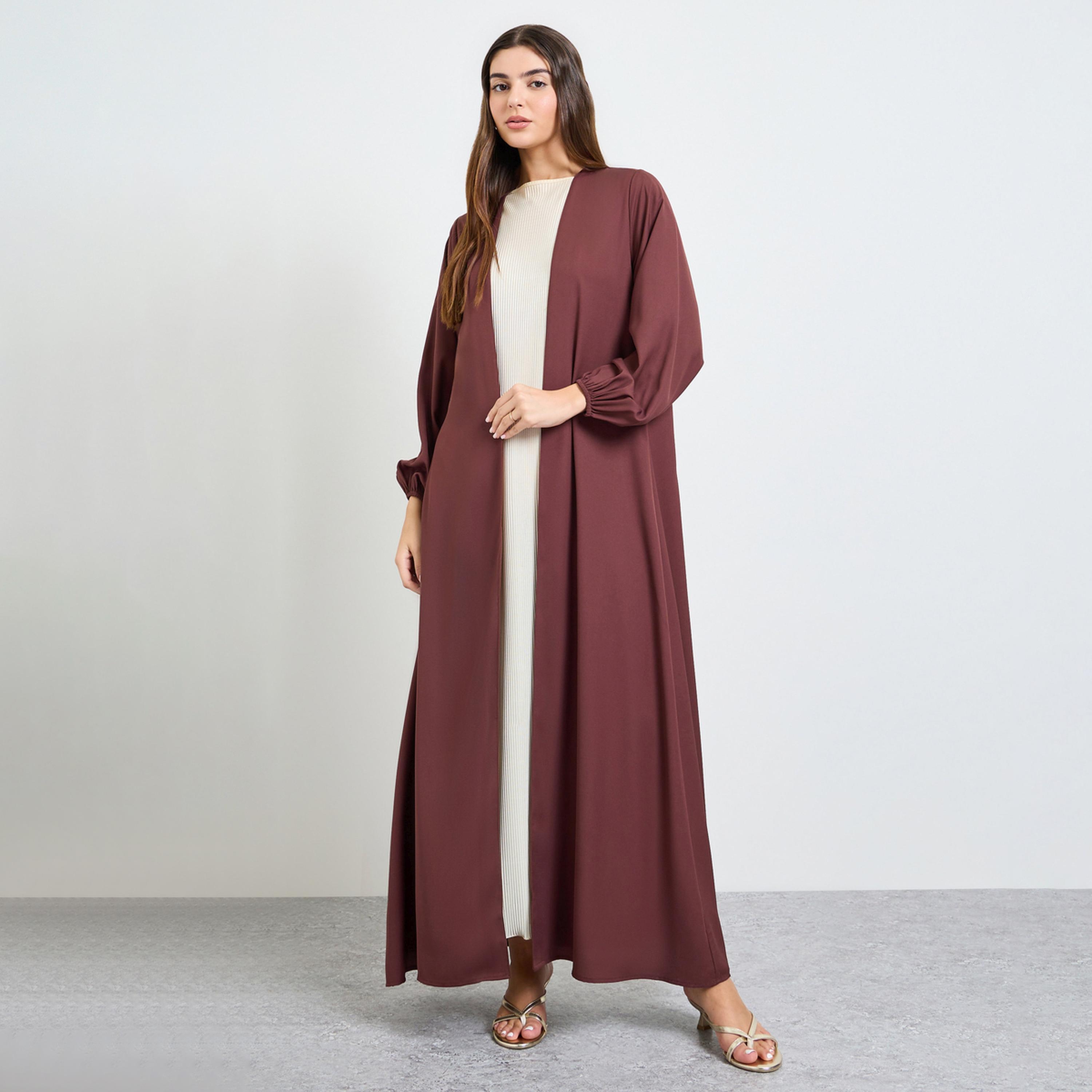 Amirah X Styli Brown Solid Cuffed Long Sleeve Abaya-women-arabicclothing-abayas-image-1