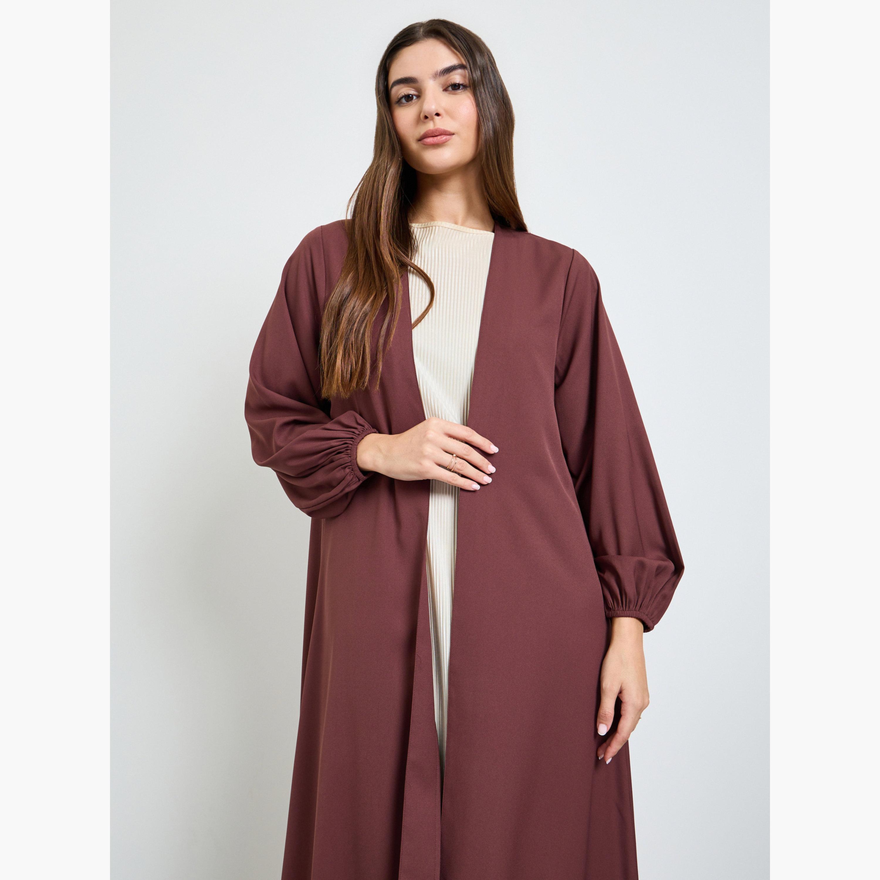 Amirah X Styli Brown Solid Cuffed Long Sleeve Abaya-women-arabicclothing-abayas-image-2