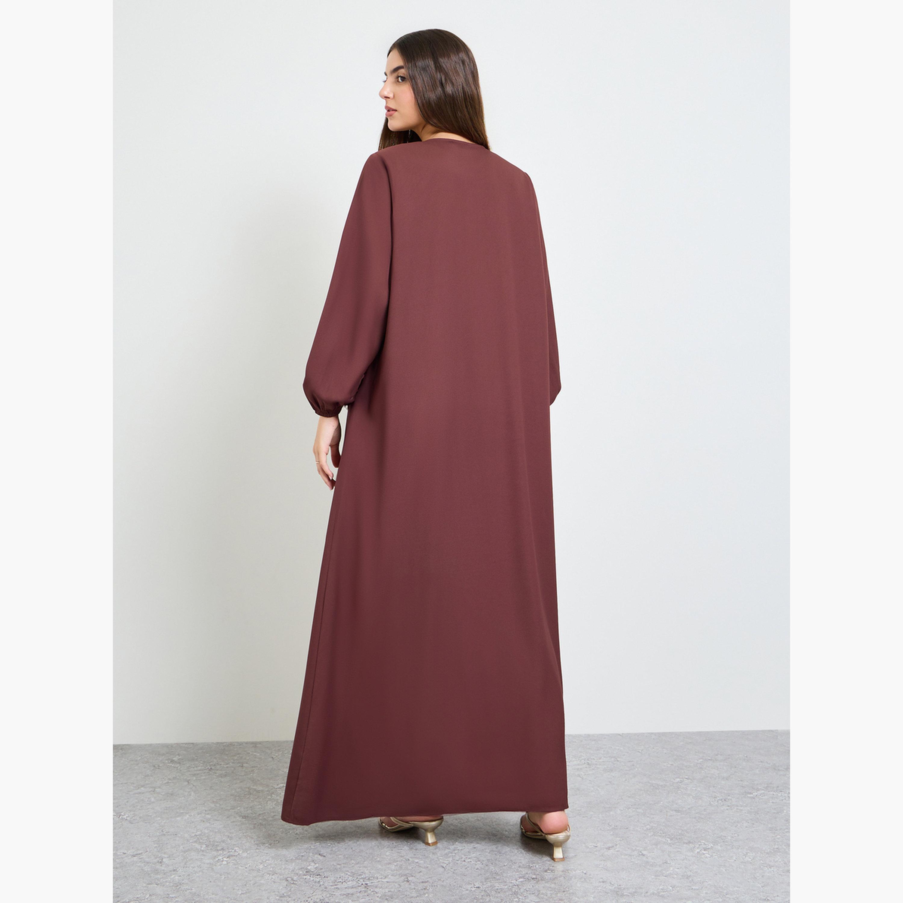 Amirah X Styli Brown Solid Cuffed Long Sleeve Abaya-women-arabicclothing-abayas-image-3