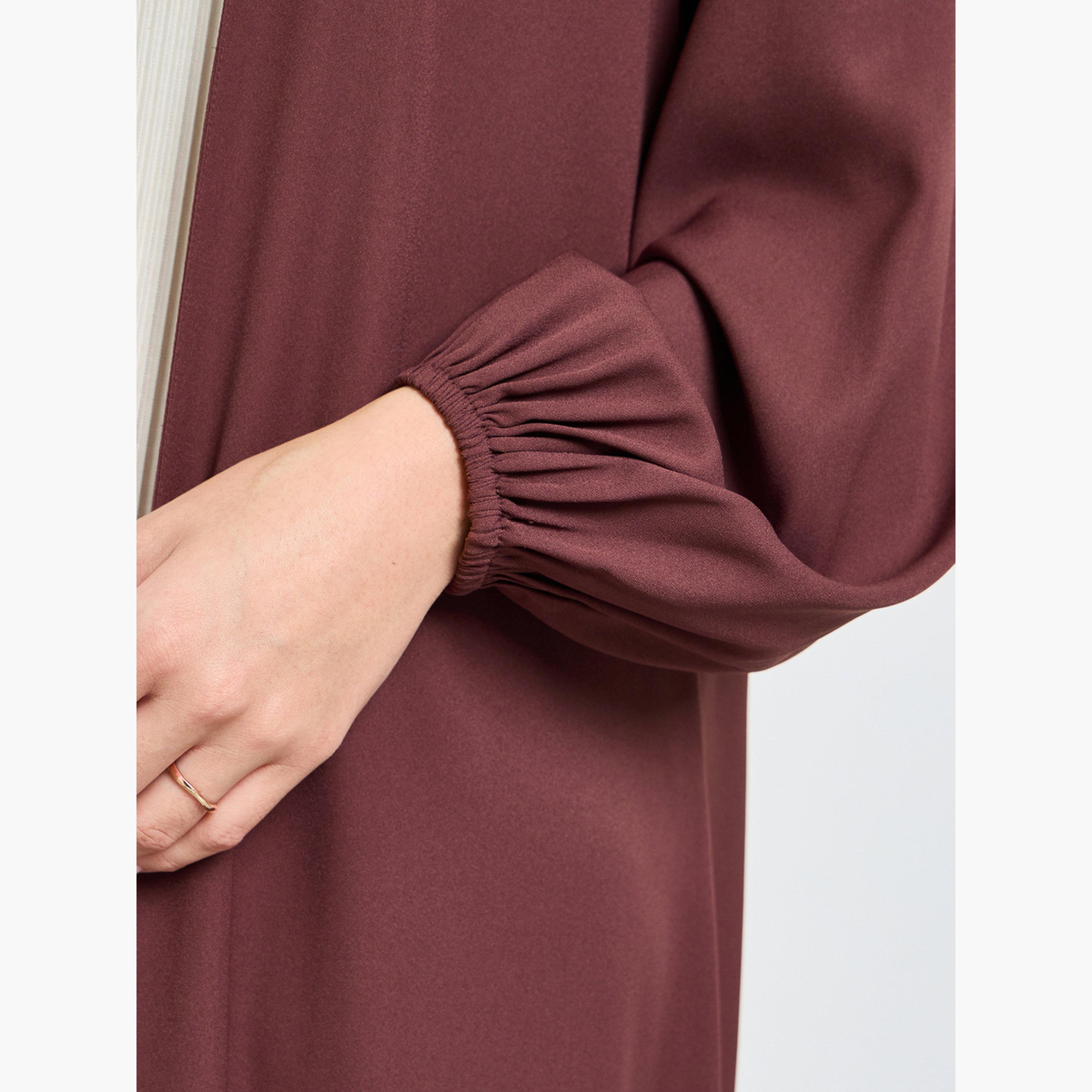 Amirah X Styli Brown Solid Cuffed Long Sleeve Abaya-women-arabicclothing-abayas-image-4