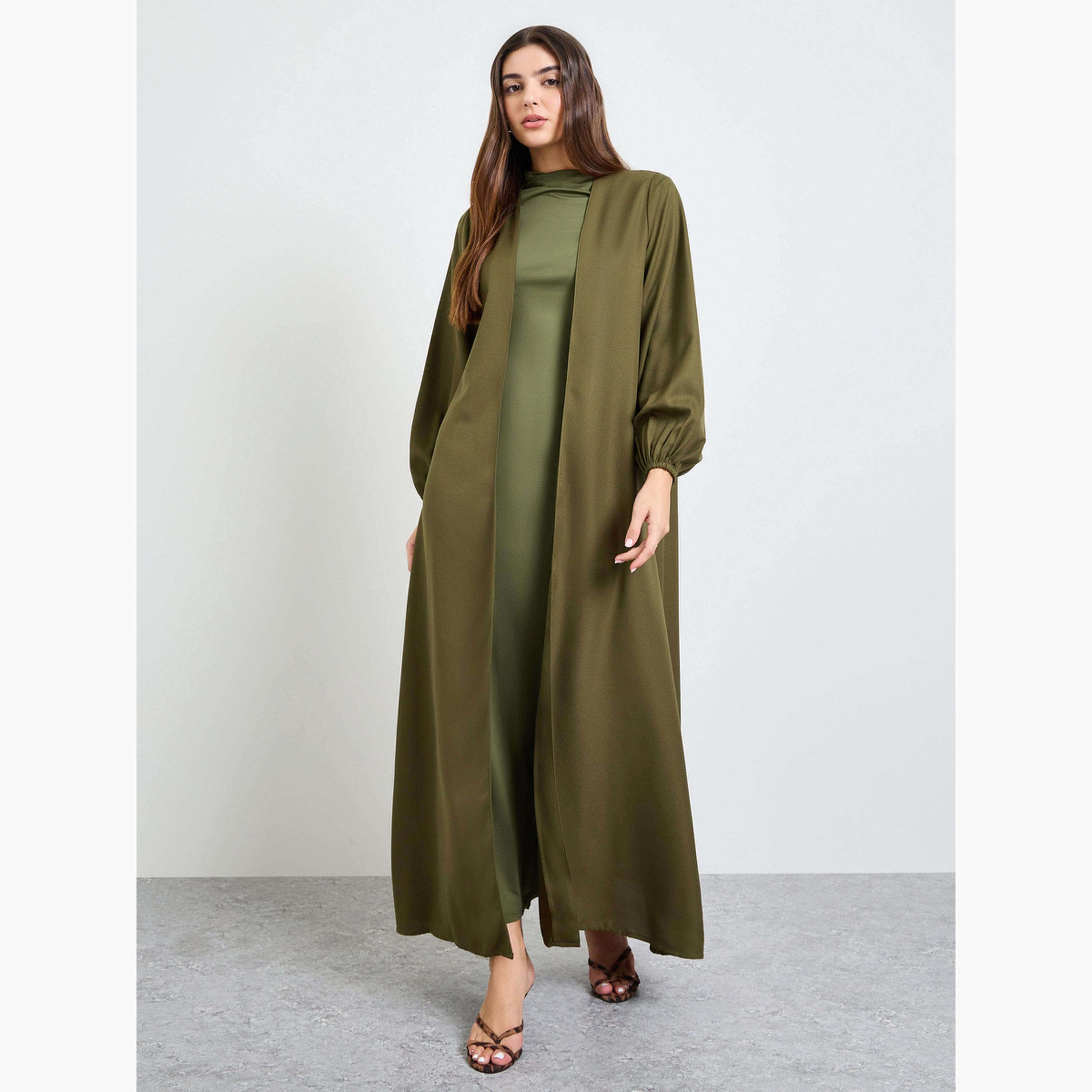Amirah X Styli Olive Solid Cuffed Long Sleeve Abaya-women-arabicclothing-abayas-image-1