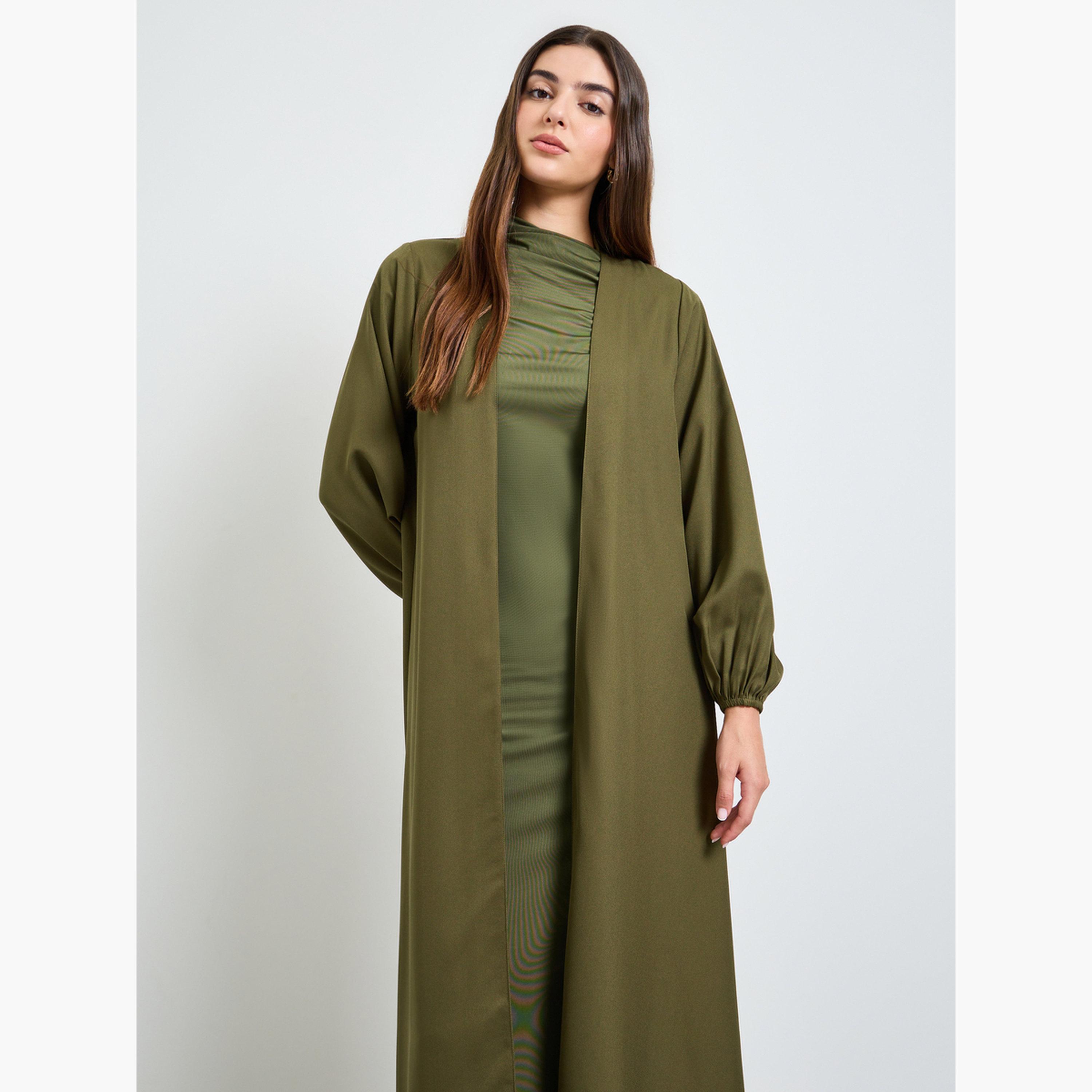 Amirah X Styli Olive Solid Cuffed Long Sleeve Abaya-women-arabicclothing-abayas-image-2